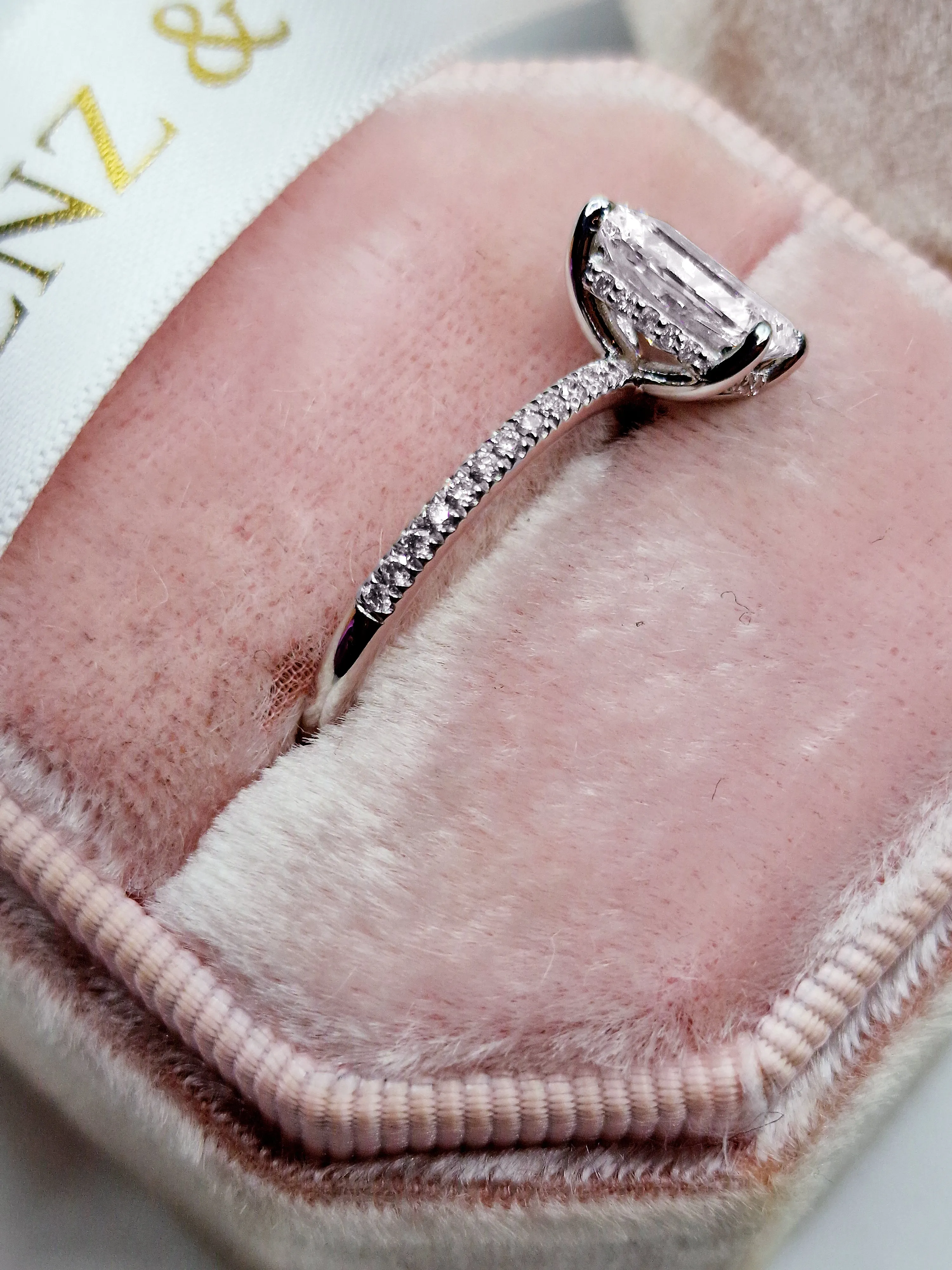 1.88 Carats Lab Grown Radiant Cut Micropaved Side Stones Hidden Halo Diamond Engagement Ring