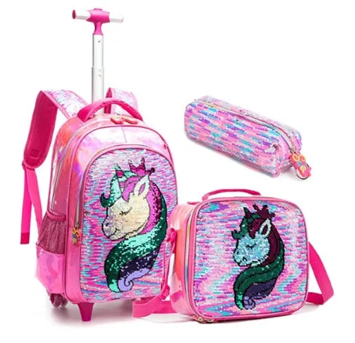 3D Unicorn Design Kids Girls School Trolley Backpack Set