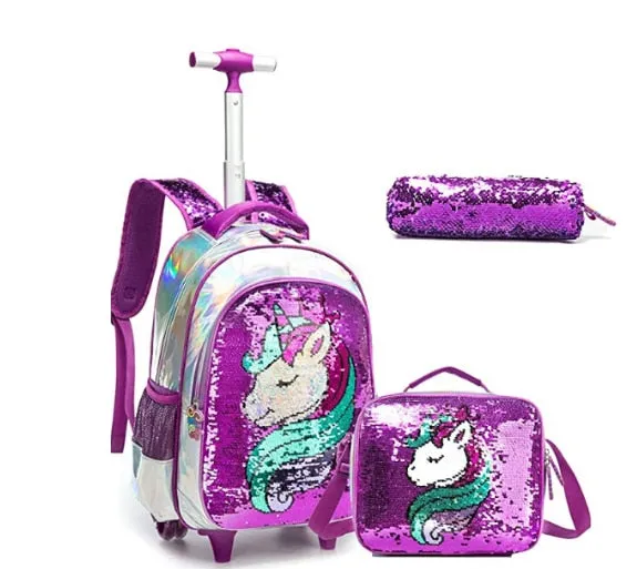 3D Unicorn Design Kids Girls School Trolley Backpack Set
