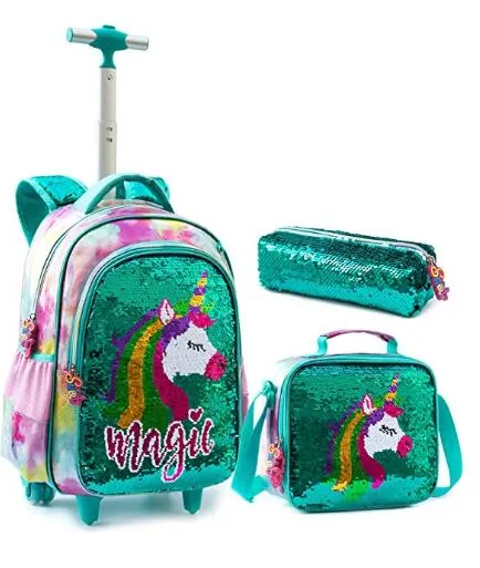 3D Unicorn Design Kids Girls School Trolley Backpack Set