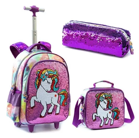 3D Unicorn Design Kids Girls School Trolley Backpack Set