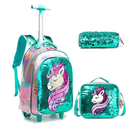 3D Unicorn Design Kids Girls School Trolley Backpack Set