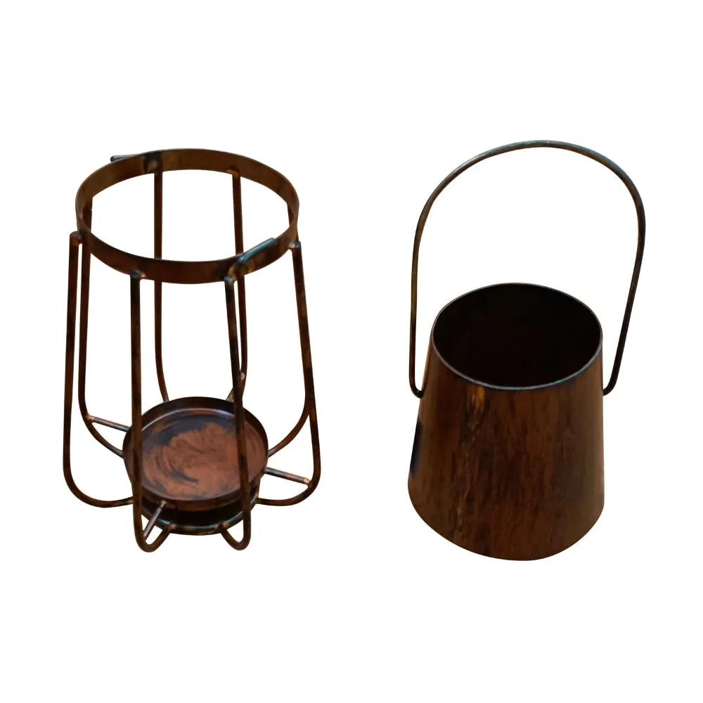 Ambient 12 Inch Vintage Style Iron Candle Stand Lantern, Sleek Curved Handle, Rustic Bronze By The Urban Port