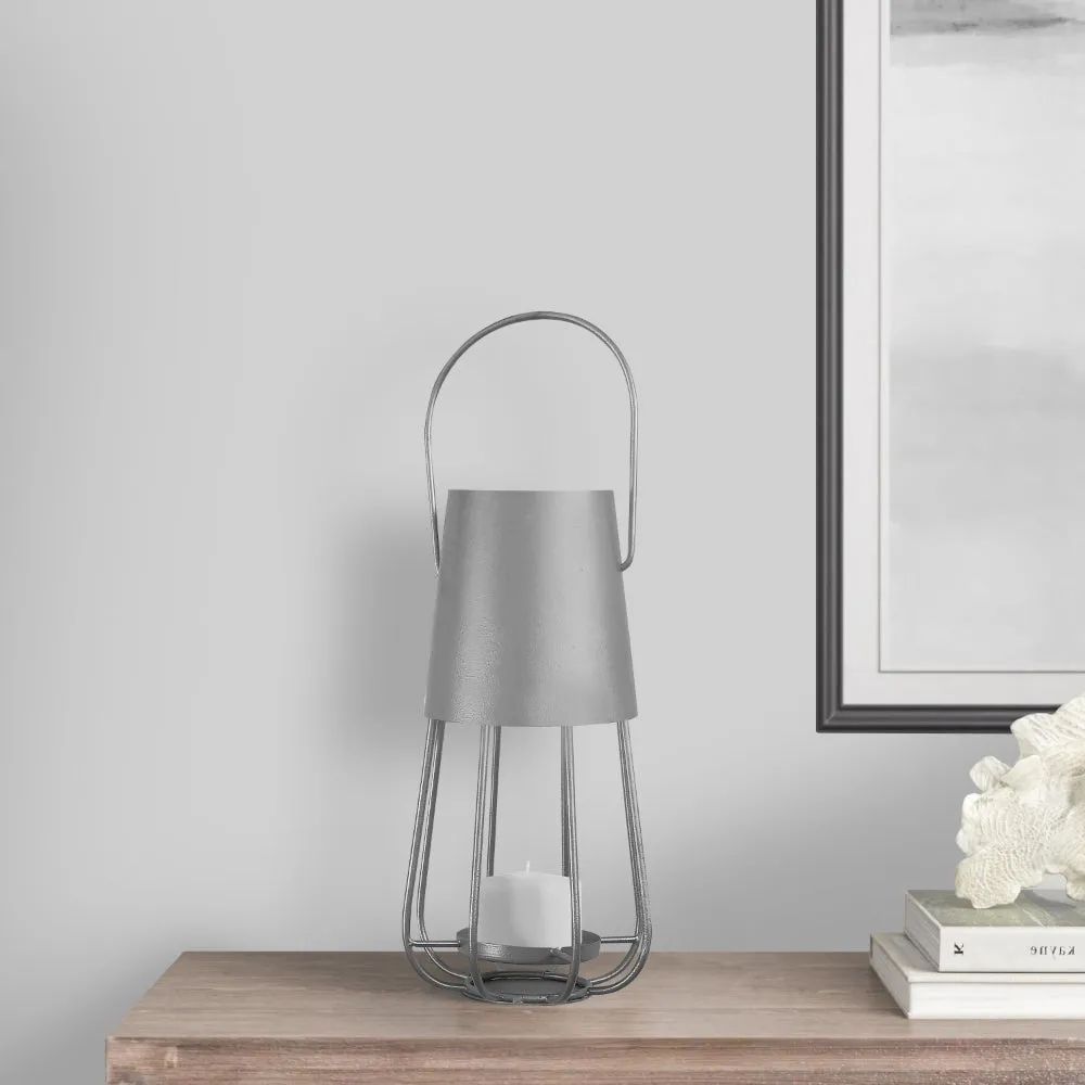 Ambient 12 Inch Vintage Style Iron Candle Stand Lantern, Sleek Curved Handle, Rustic Bronze By The Urban Port