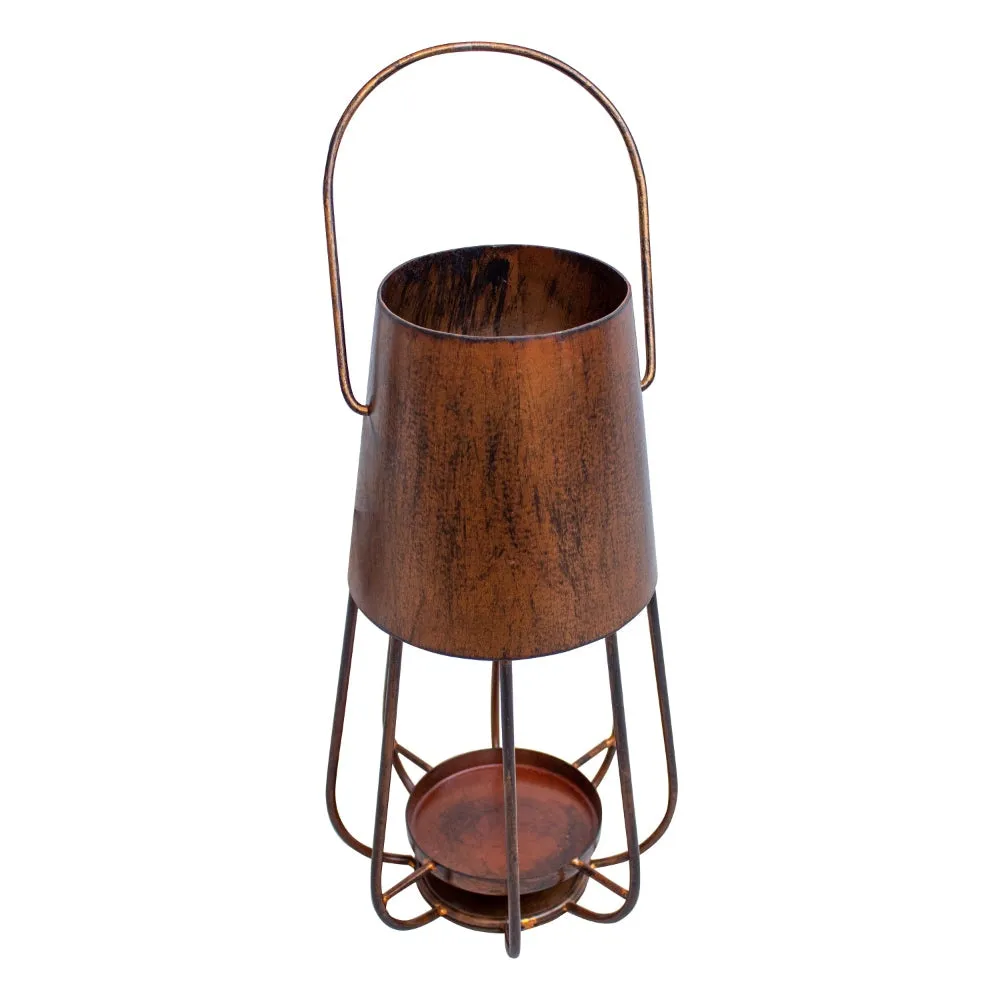 Ambient 12 Inch Vintage Style Iron Candle Stand Lantern, Sleek Curved Handle, Rustic Bronze By The Urban Port
