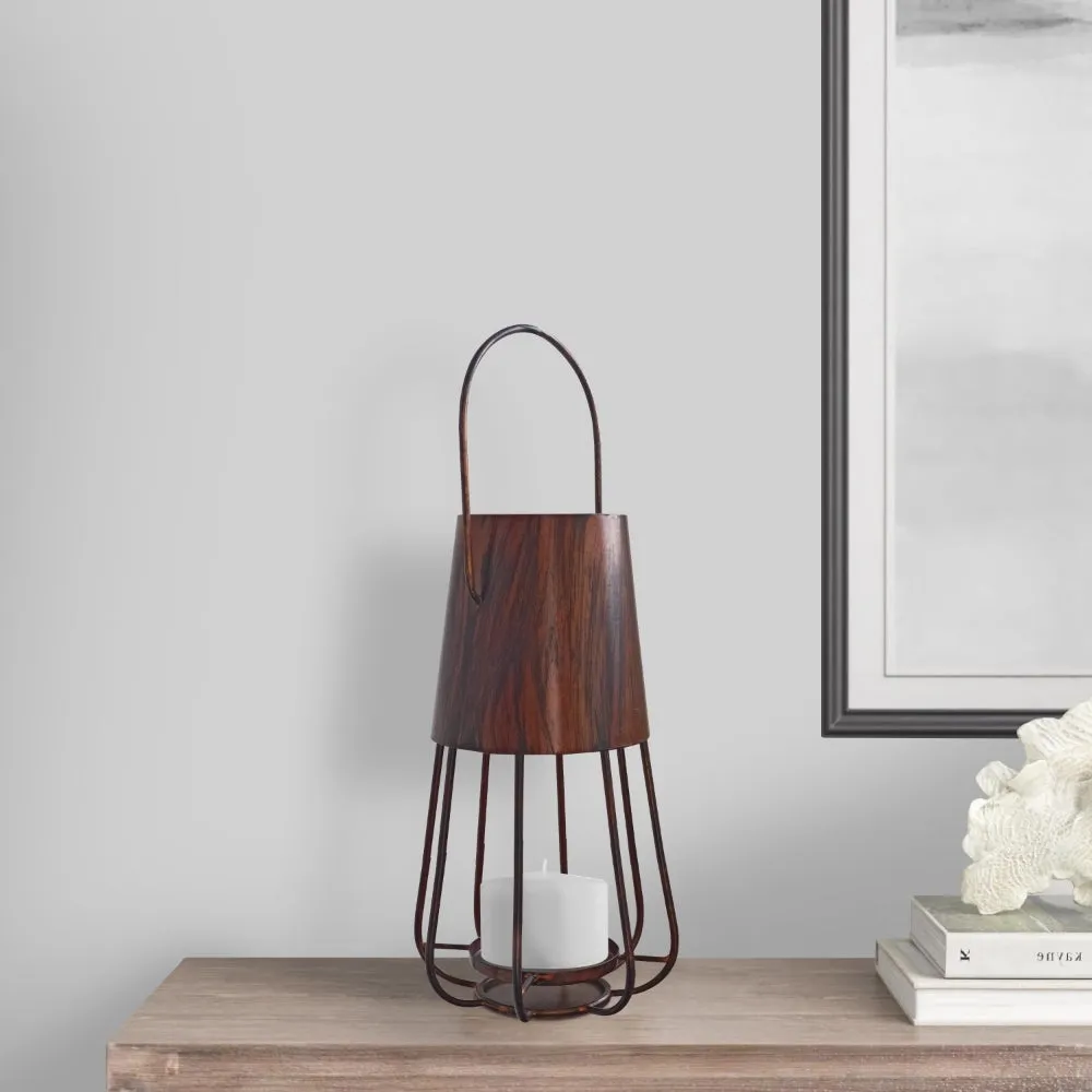 Ambient 12 Inch Vintage Style Iron Candle Stand Lantern, Sleek Curved Handle, Rustic Bronze By The Urban Port