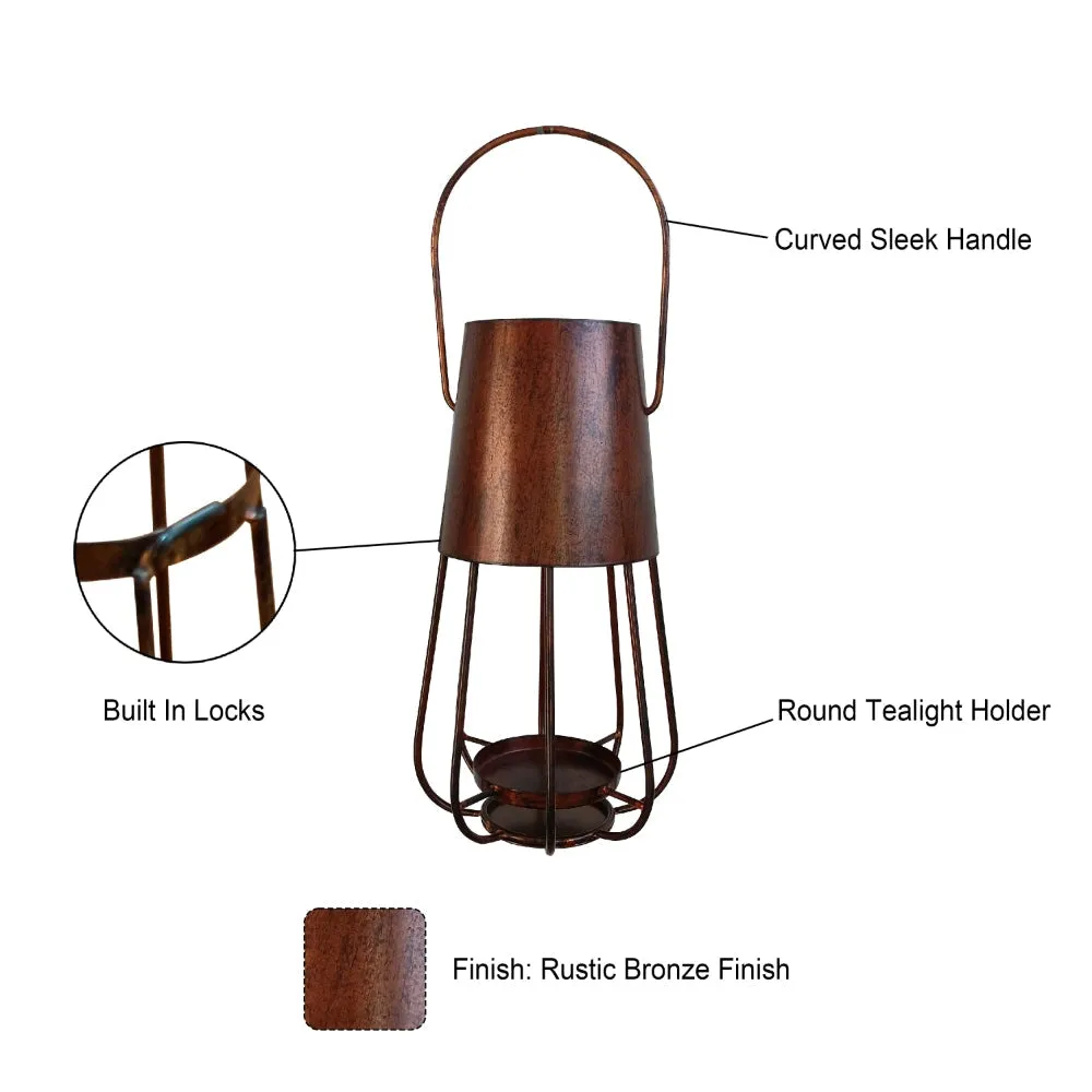 Ambient 12 Inch Vintage Style Iron Candle Stand Lantern, Sleek Curved Handle, Rustic Bronze By The Urban Port