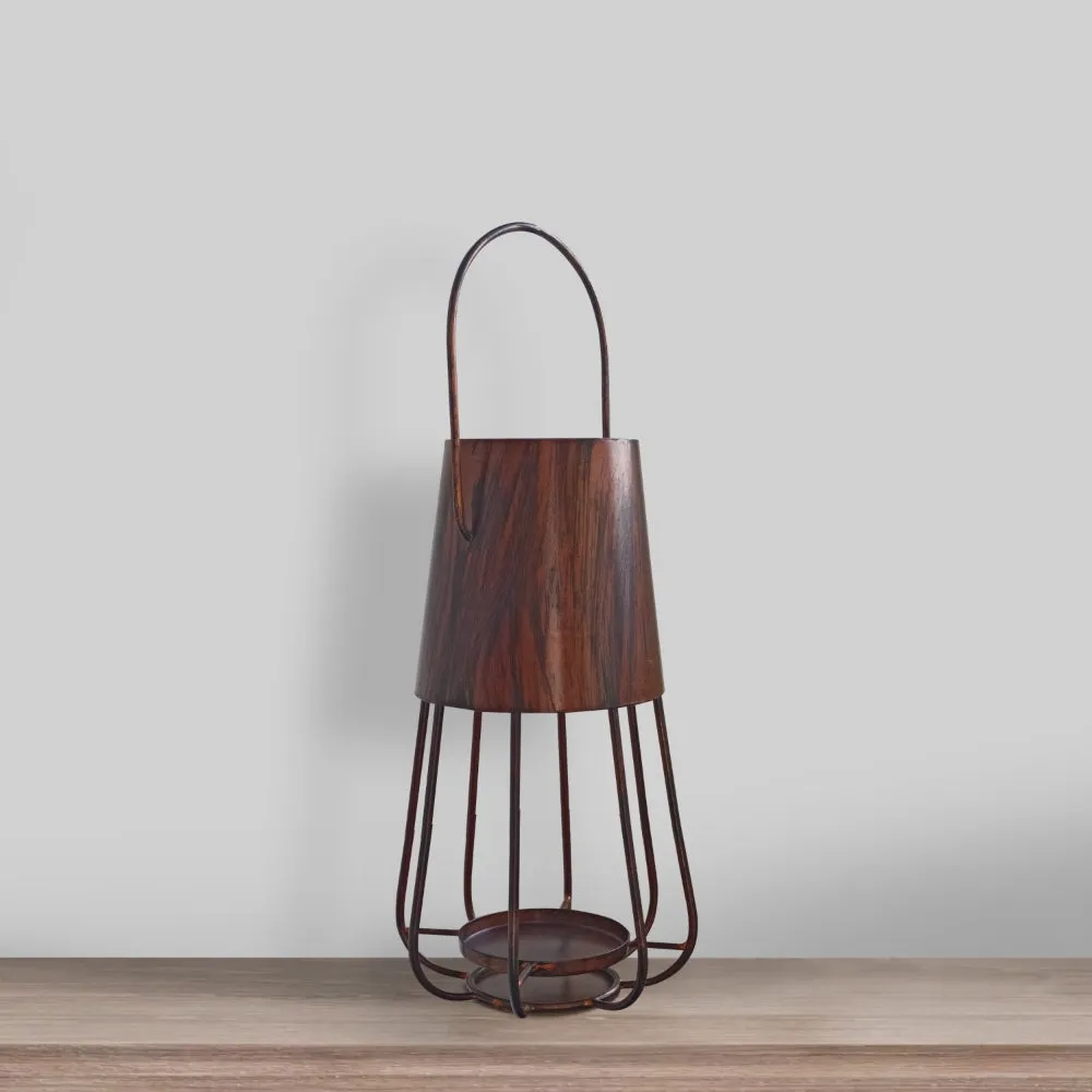 Ambient 12 Inch Vintage Style Iron Candle Stand Lantern, Sleek Curved Handle, Rustic Bronze By The Urban Port