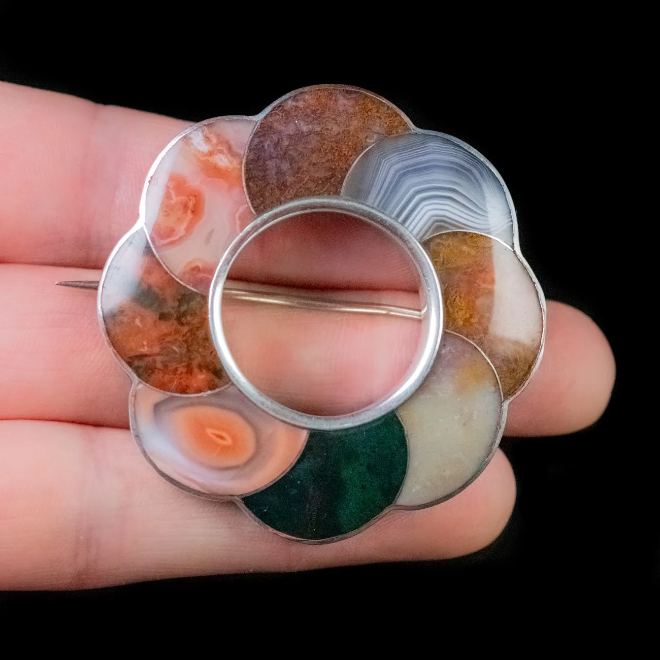 Antique Victorian Scottish Agate Brooch Sterling Silver Circa 1860
