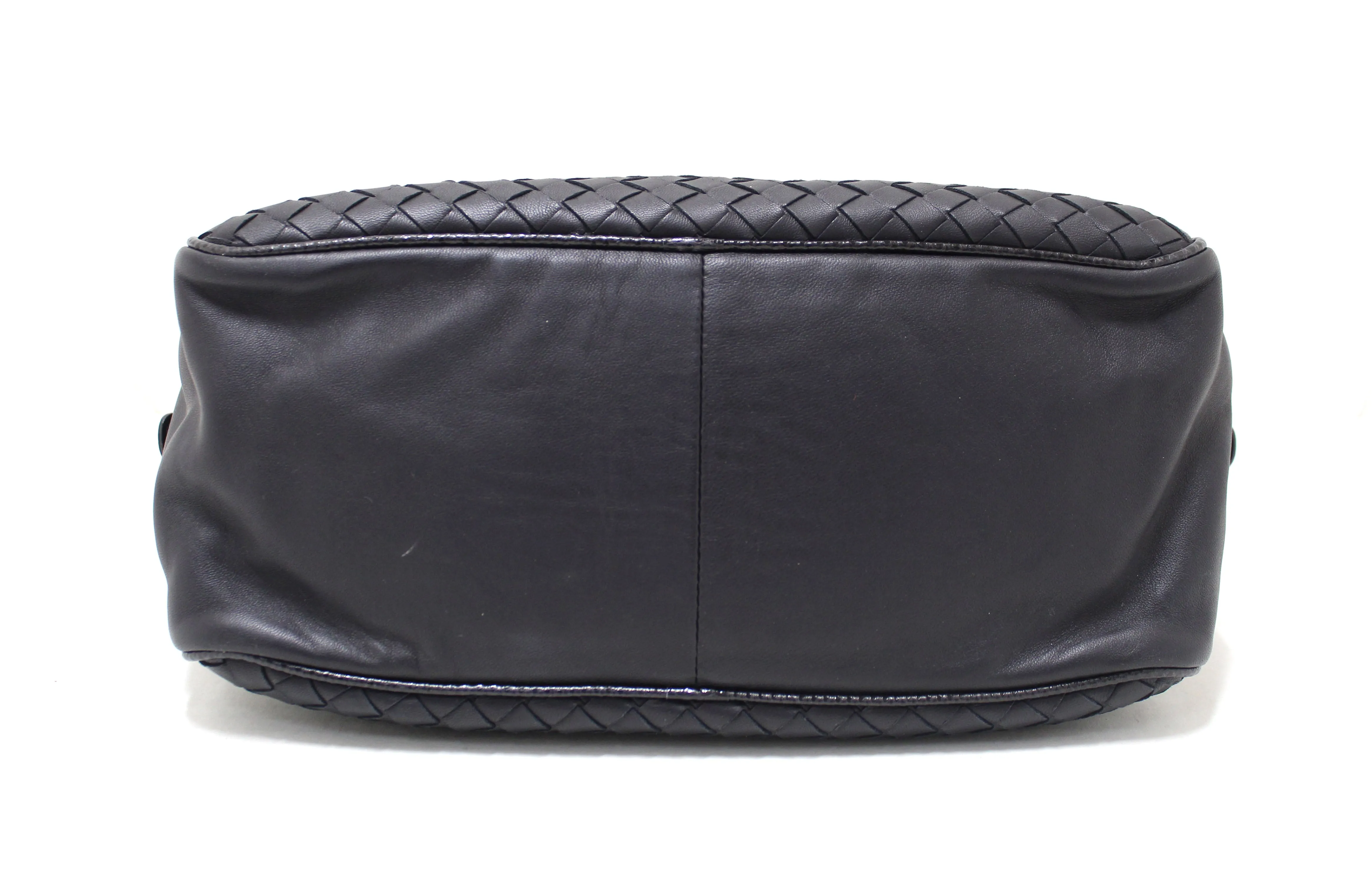 Authentic Bottega Veneta Black Nappa Intrecciato Woven Leather Double Chain Shoulder Bag