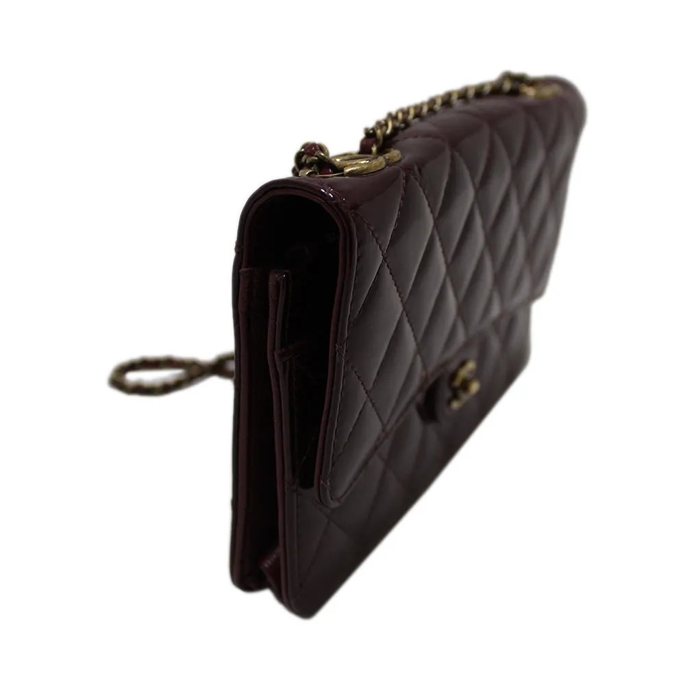 Authentic Chanel Burgundy Patent Leather Wallet on Chain WOC Messenger Bag