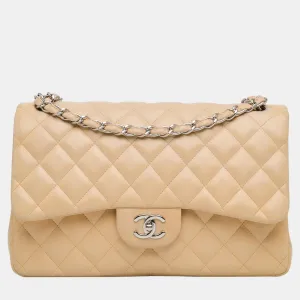 Beige Jumbo Classic Lambskin Double Flap