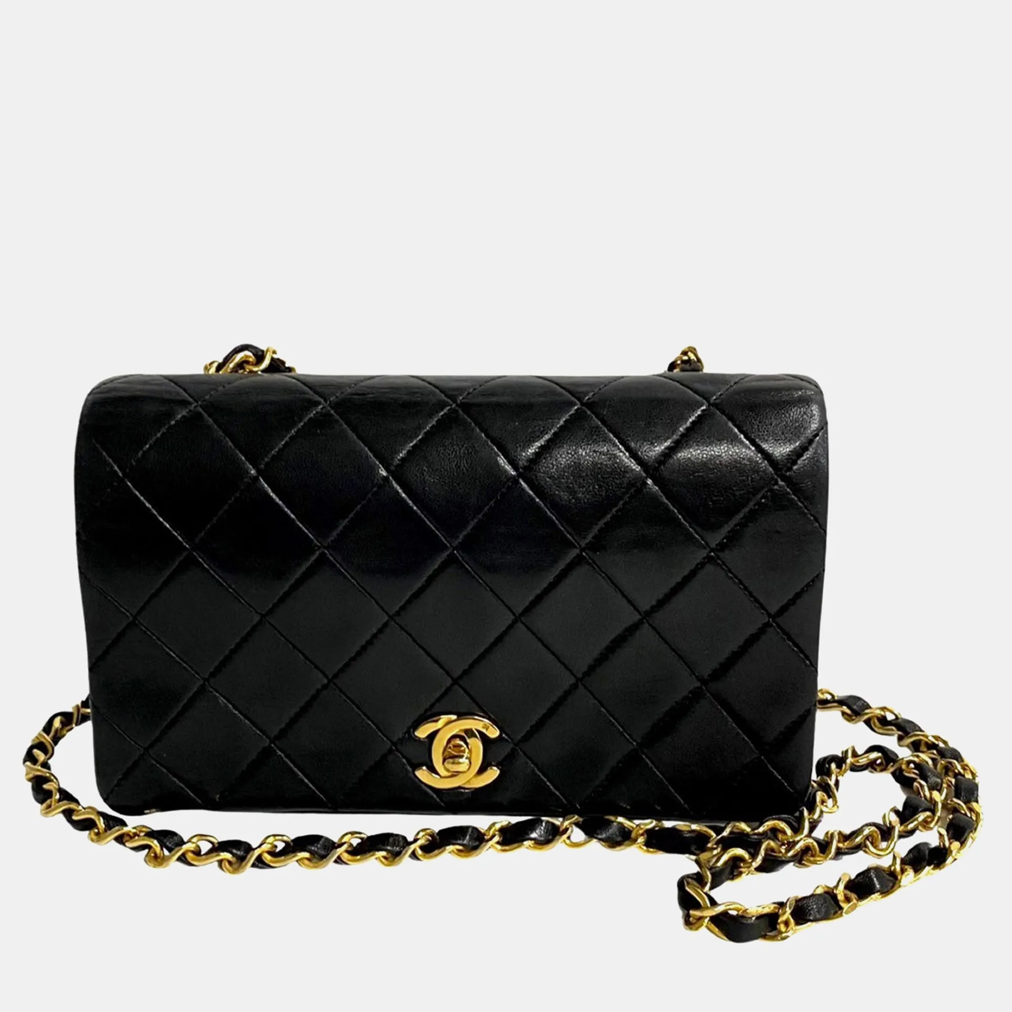 Black Lambskin Quilted Full Flap Shoulder Bag