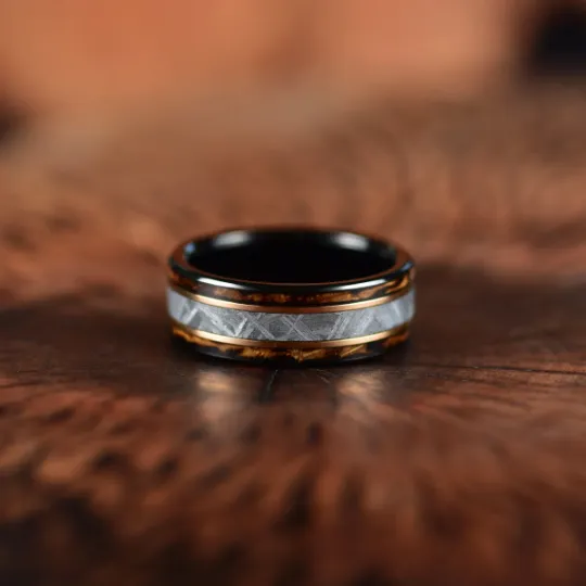 Black Tugsten Charred Whiskey Inlay Meteorite Men's Wedding Band