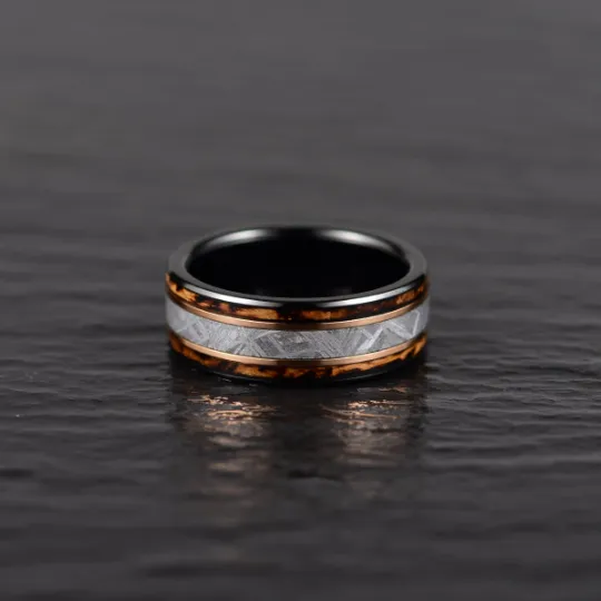 Black Tugsten Charred Whiskey Inlay Meteorite Men's Wedding Band