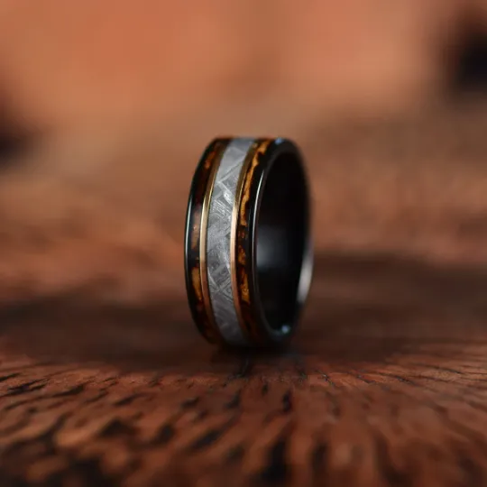 Black Tugsten Charred Whiskey Inlay Meteorite Men's Wedding Band
