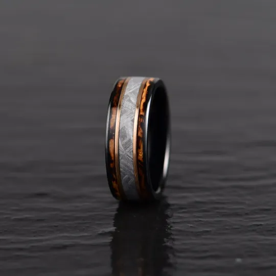 Black Tugsten Charred Whiskey Inlay Meteorite Men's Wedding Band