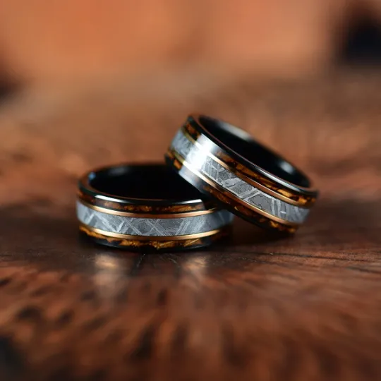 Black Tugsten Charred Whiskey Inlay Meteorite Men's Wedding Band