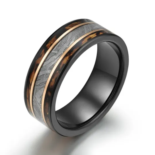 Black Tugsten Charred Whiskey Inlay Meteorite Men's Wedding Band