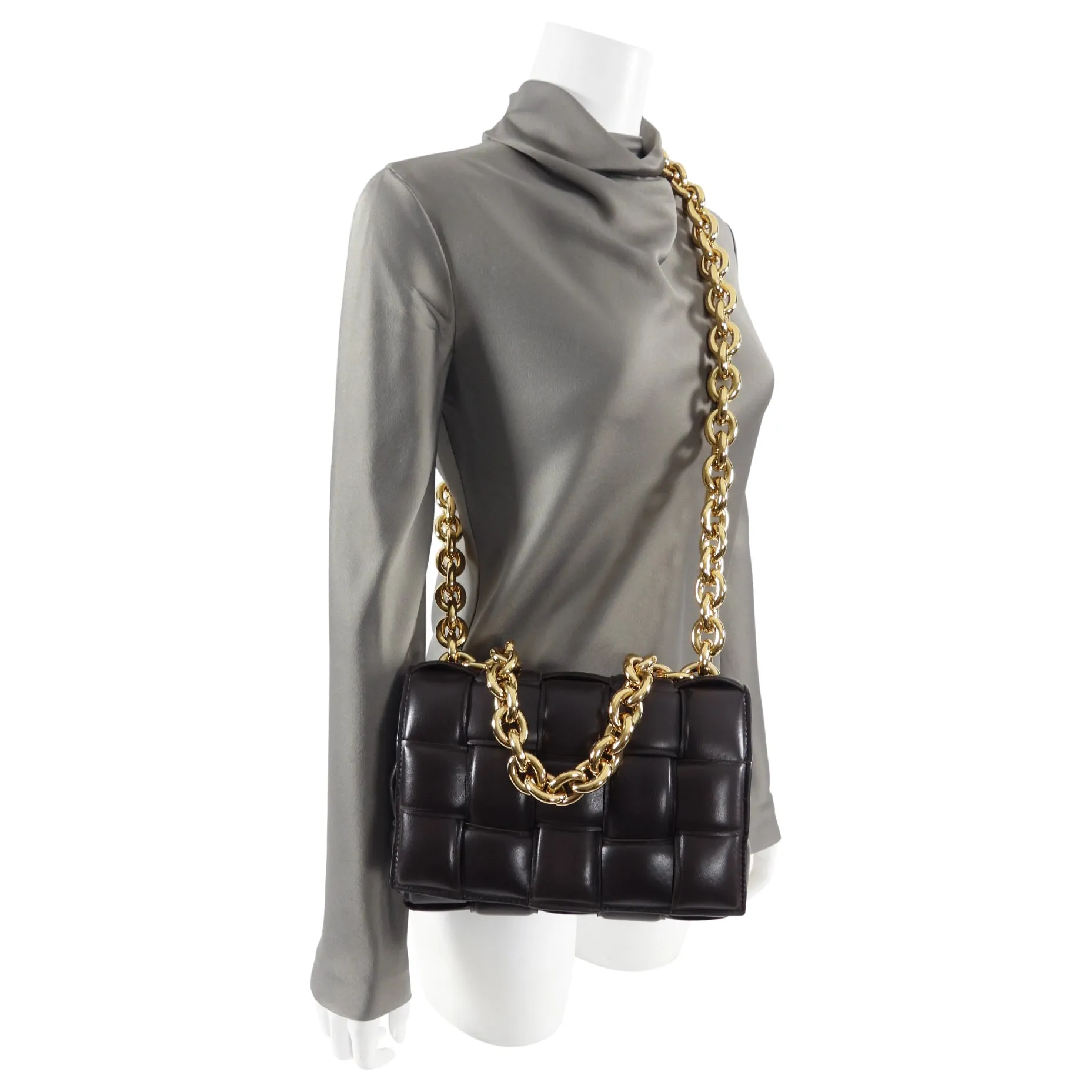 Bottega Veneta Padded Casette Chain Dark Brown Leather Bag