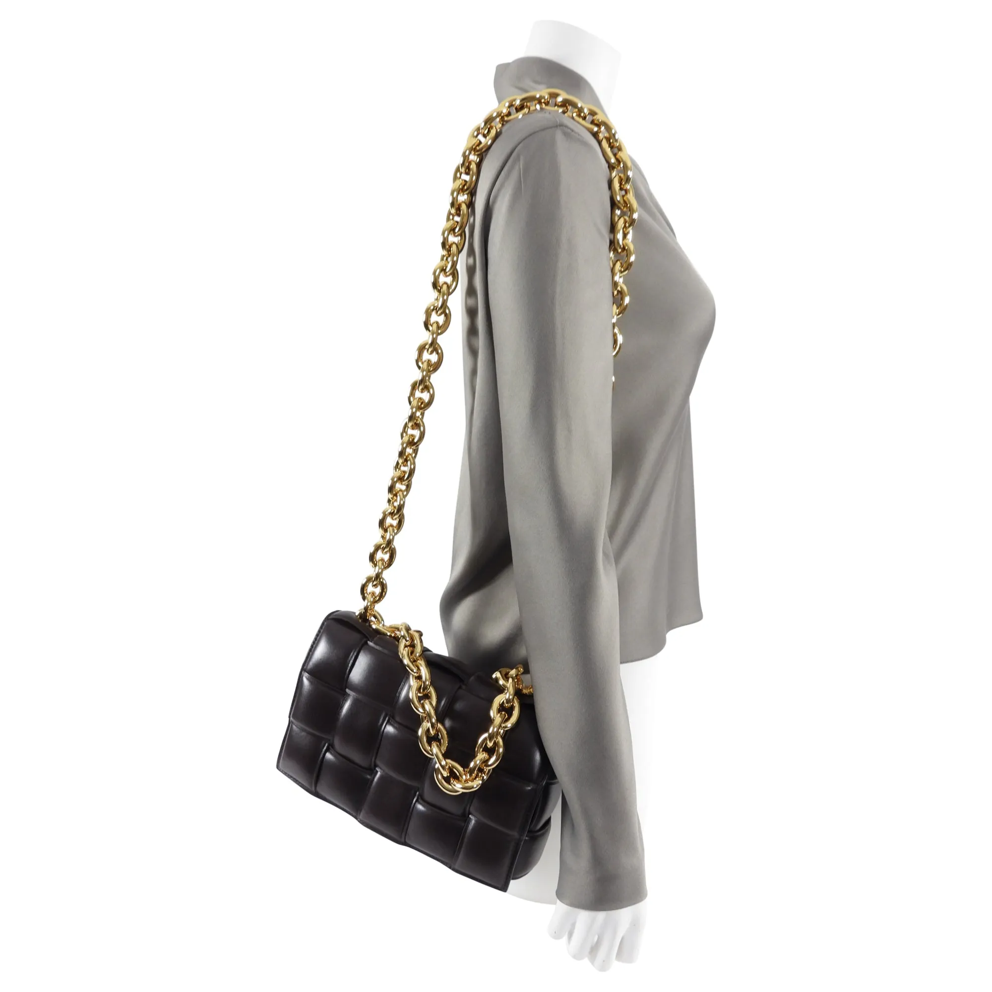 Bottega Veneta Padded Casette Chain Dark Brown Leather Bag