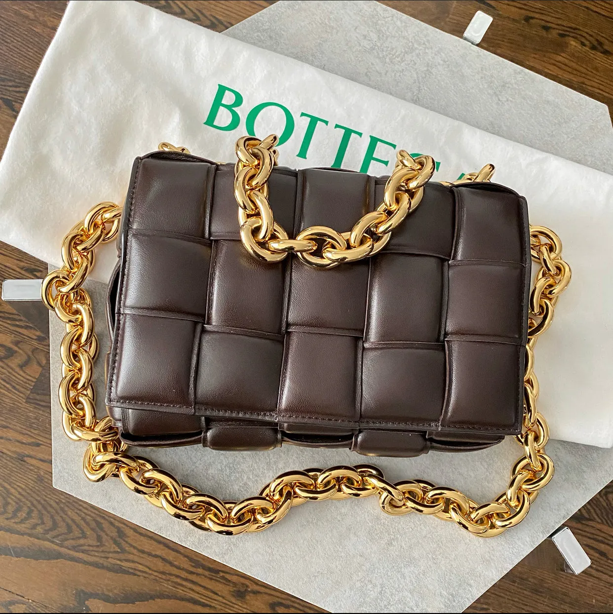 Bottega Veneta Padded Casette Chain Dark Brown Leather Bag
