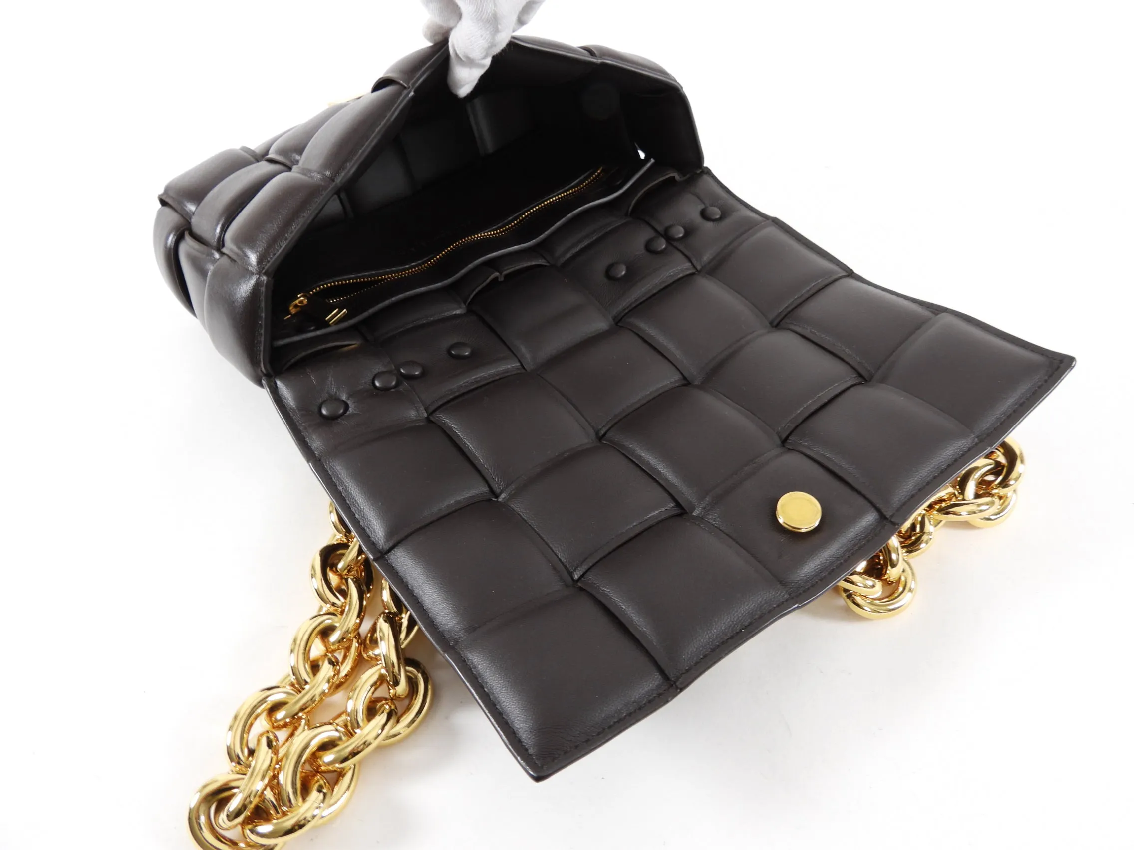 Bottega Veneta Padded Casette Chain Dark Brown Leather Bag