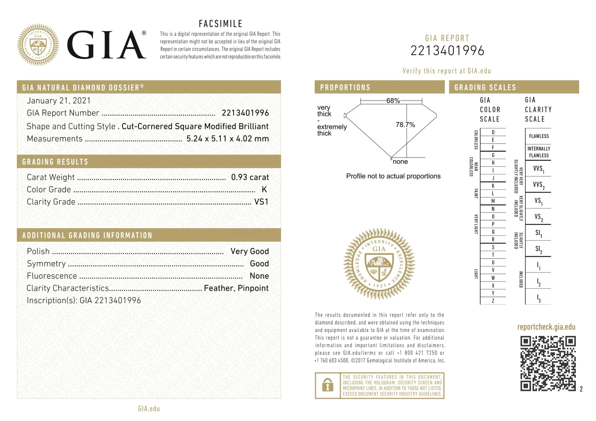Certified 0.93 Ct Square Radiant cut   Loose Diamond