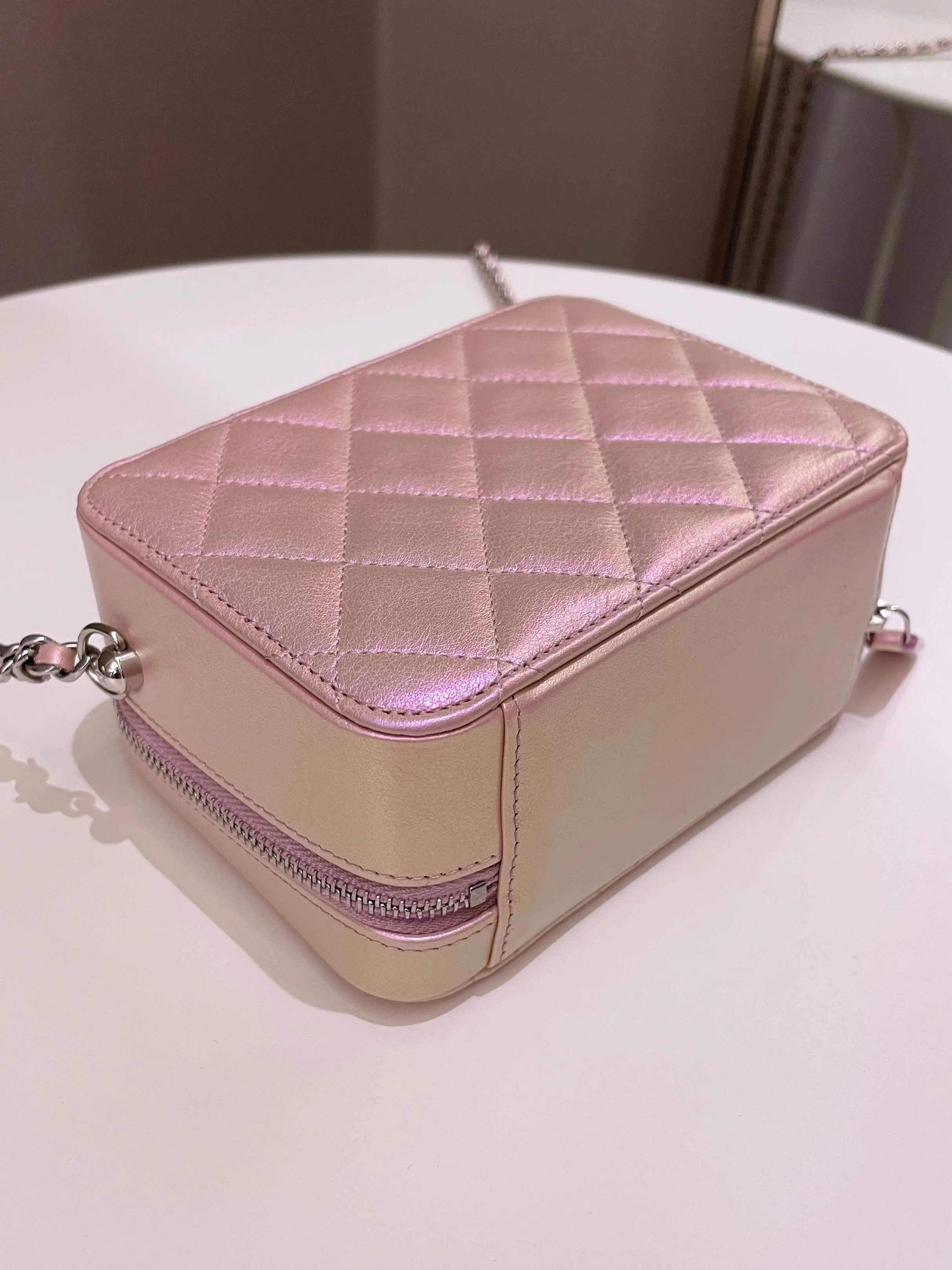Chanel 21K Quilted Camera Sling Bag Iridescent Pink Calfskin