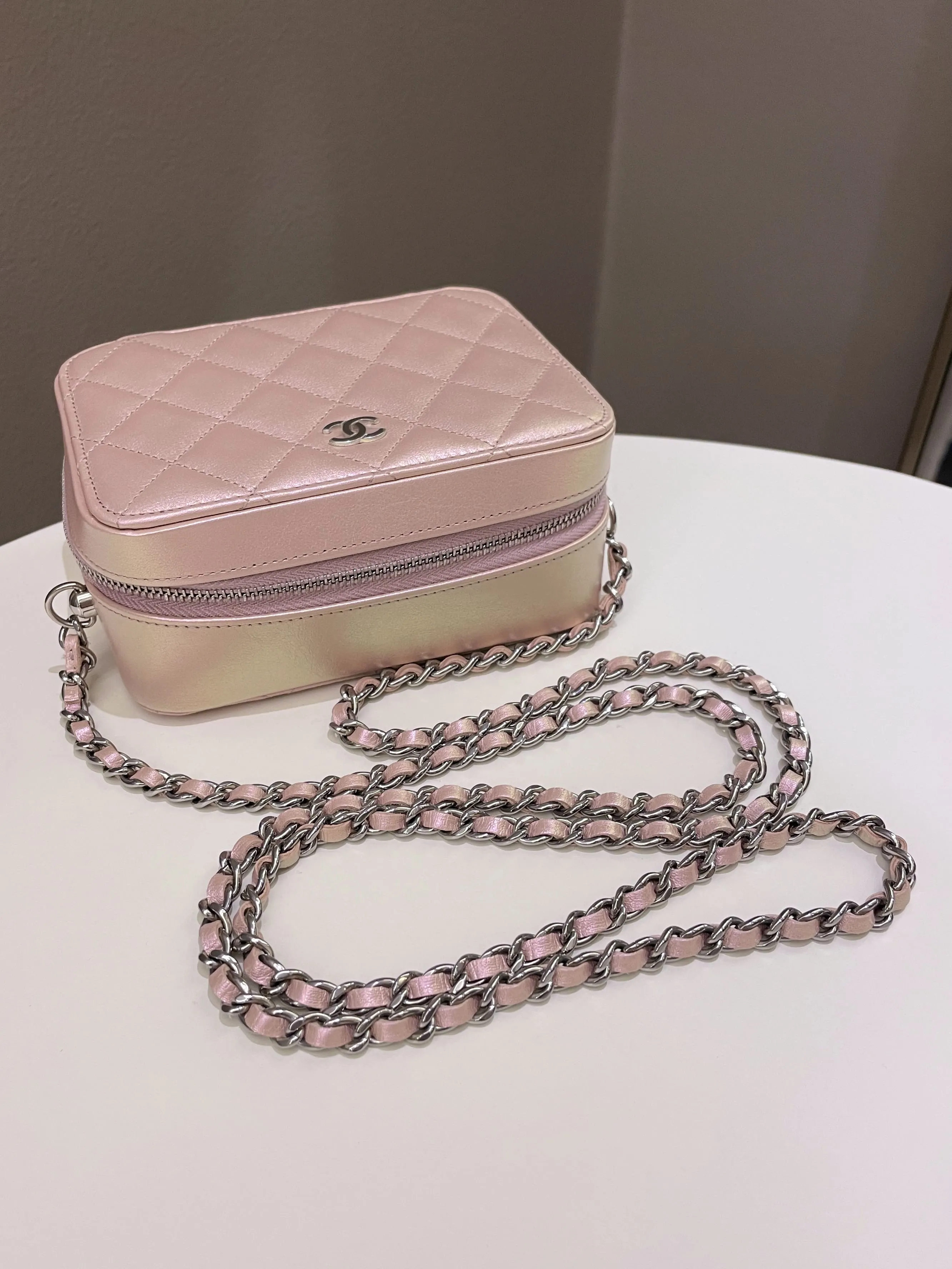 Chanel 21K Quilted Camera Sling Bag Iridescent Pink Calfskin