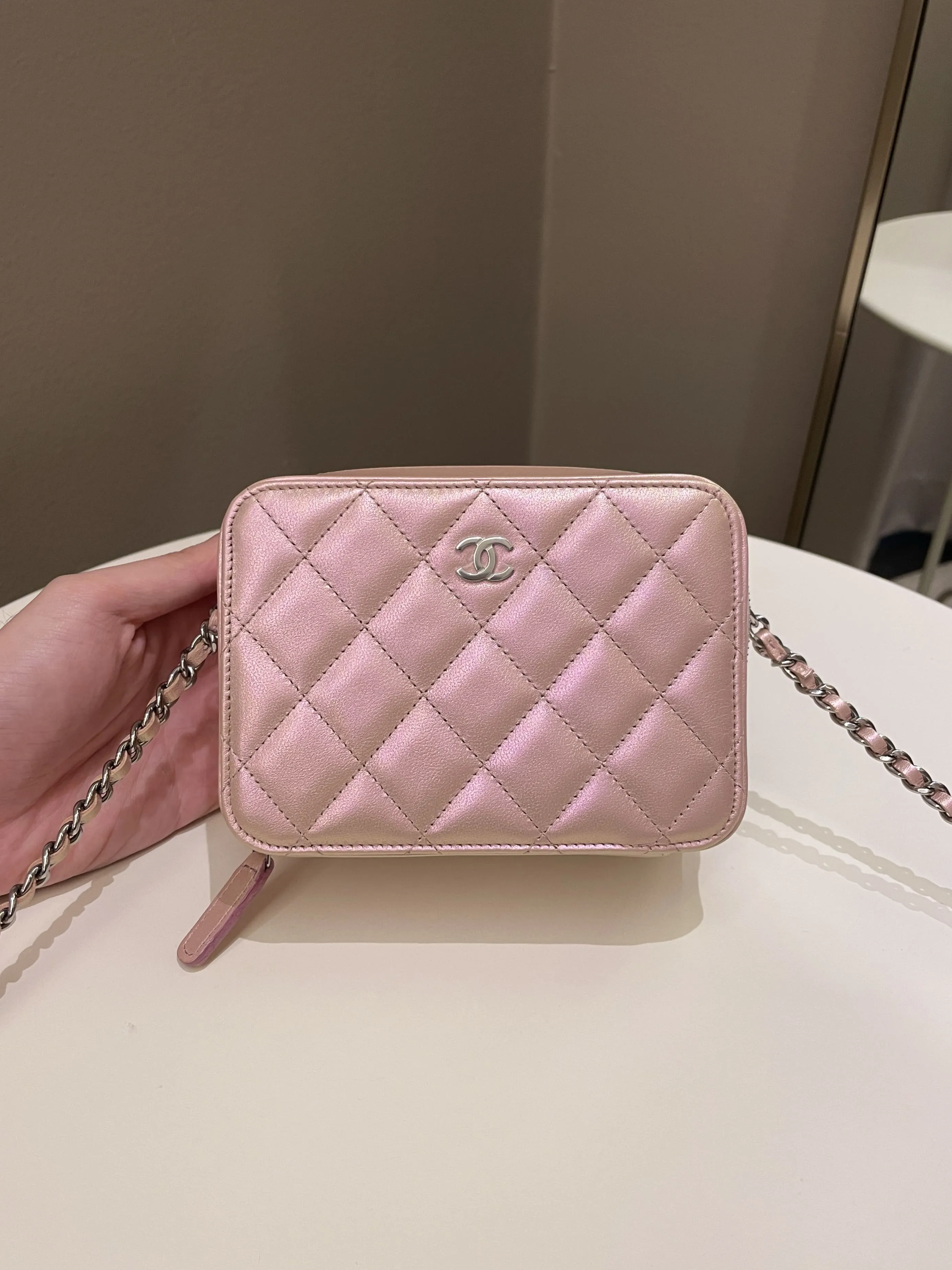 Chanel 21K Quilted Camera Sling Bag Iridescent Pink Calfskin