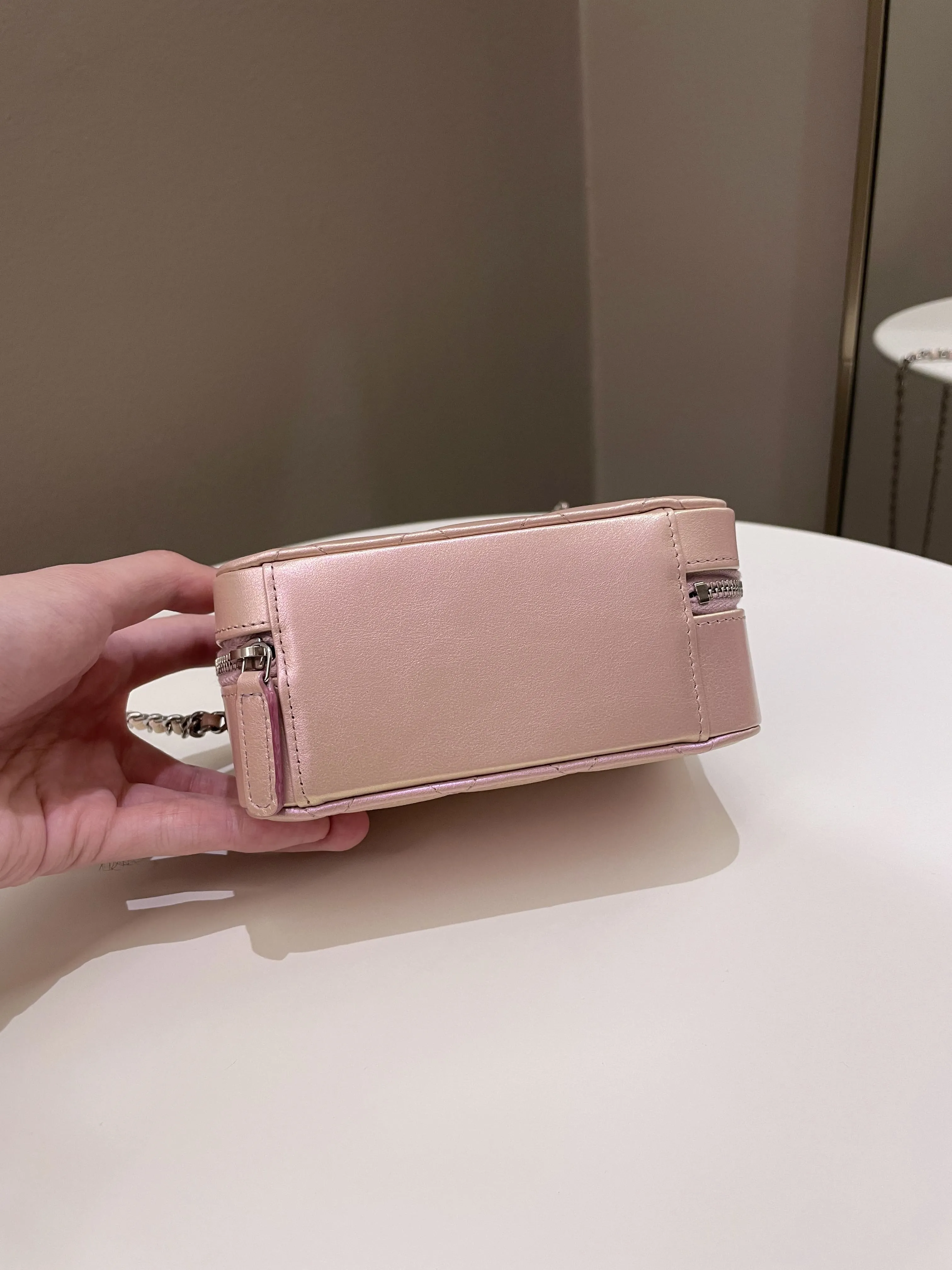 Chanel 21K Quilted Camera Sling Bag Iridescent Pink Calfskin