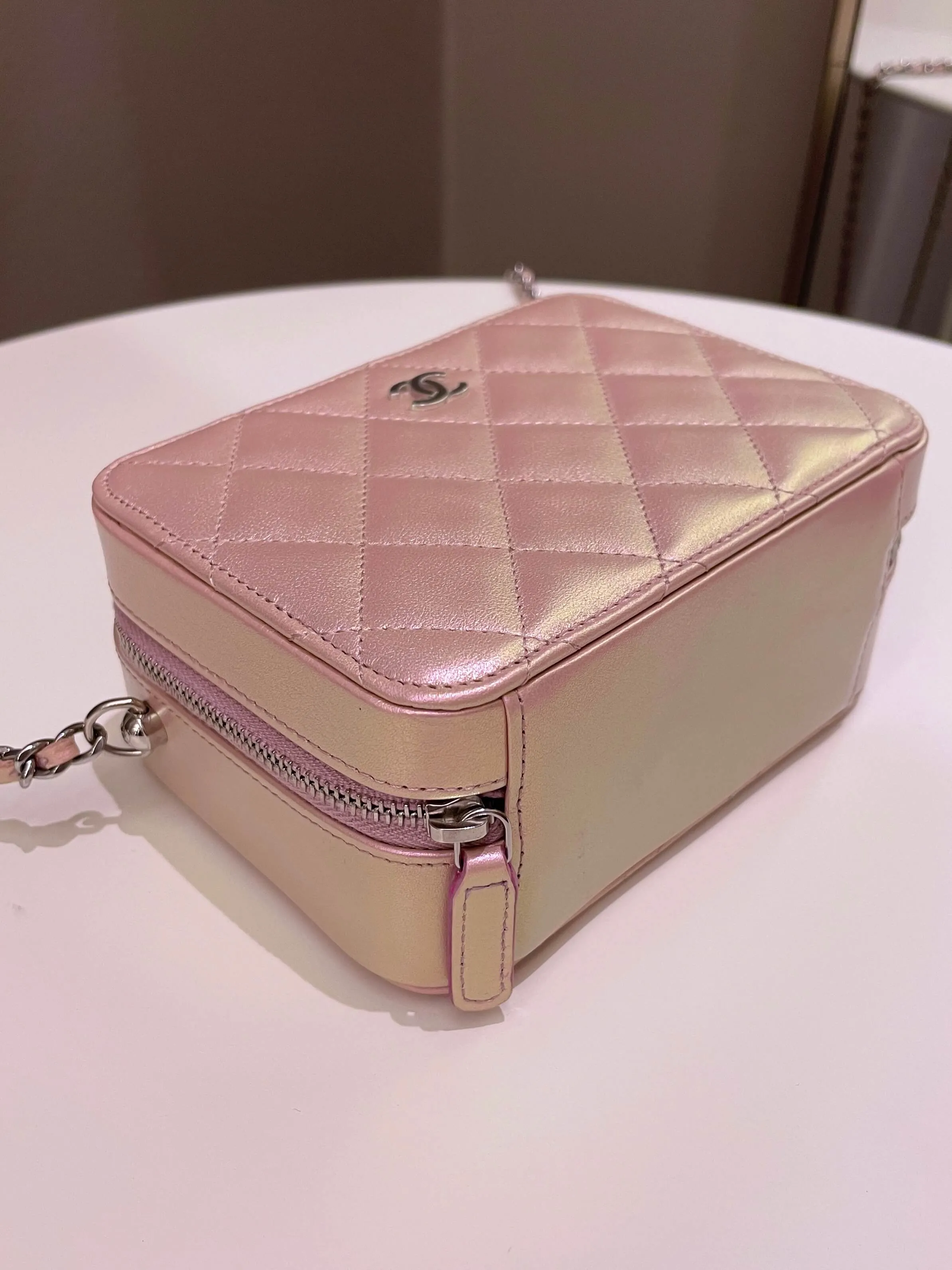 Chanel 21K Quilted Camera Sling Bag Iridescent Pink Calfskin