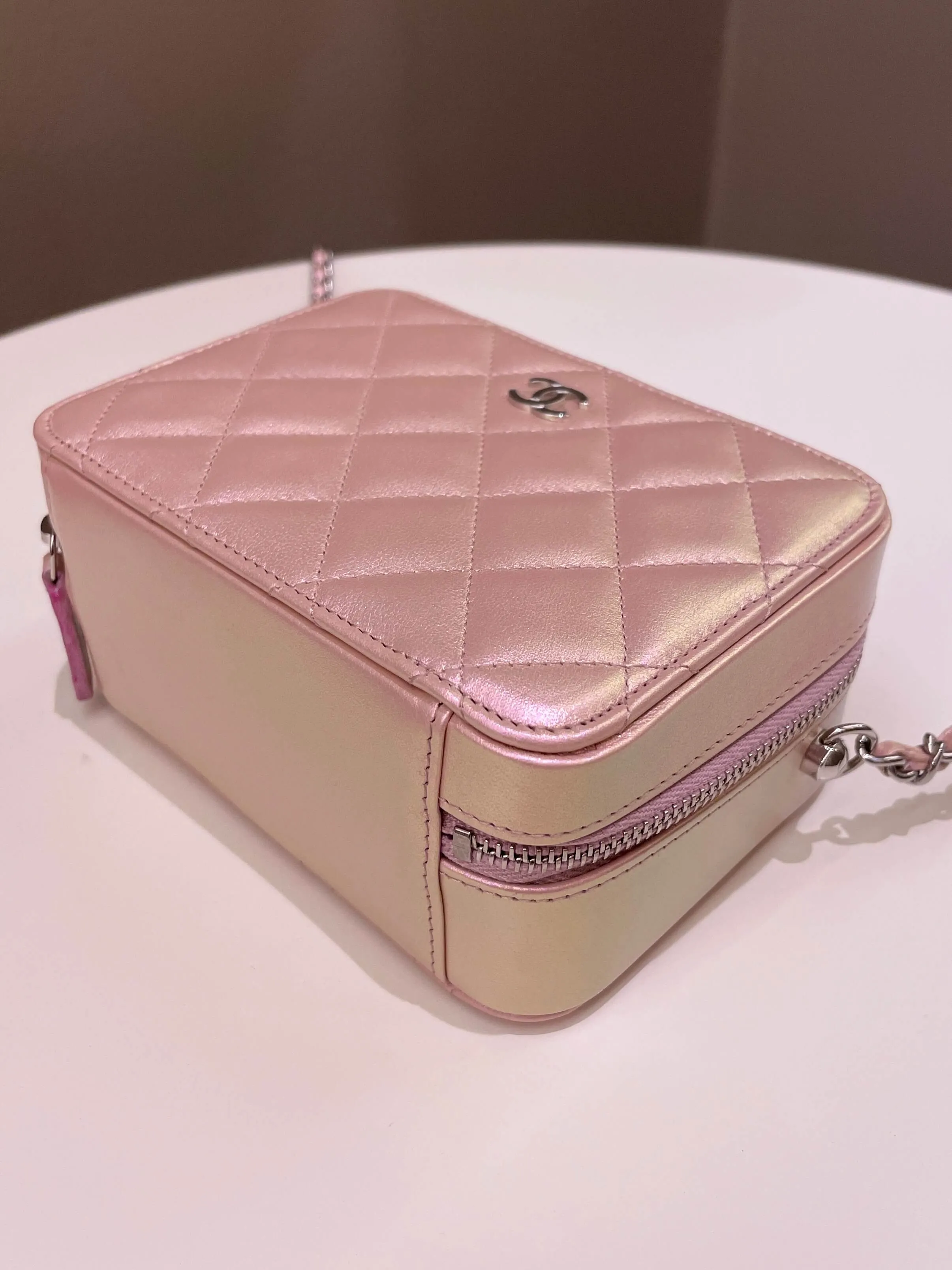 Chanel 21K Quilted Camera Sling Bag Iridescent Pink Calfskin