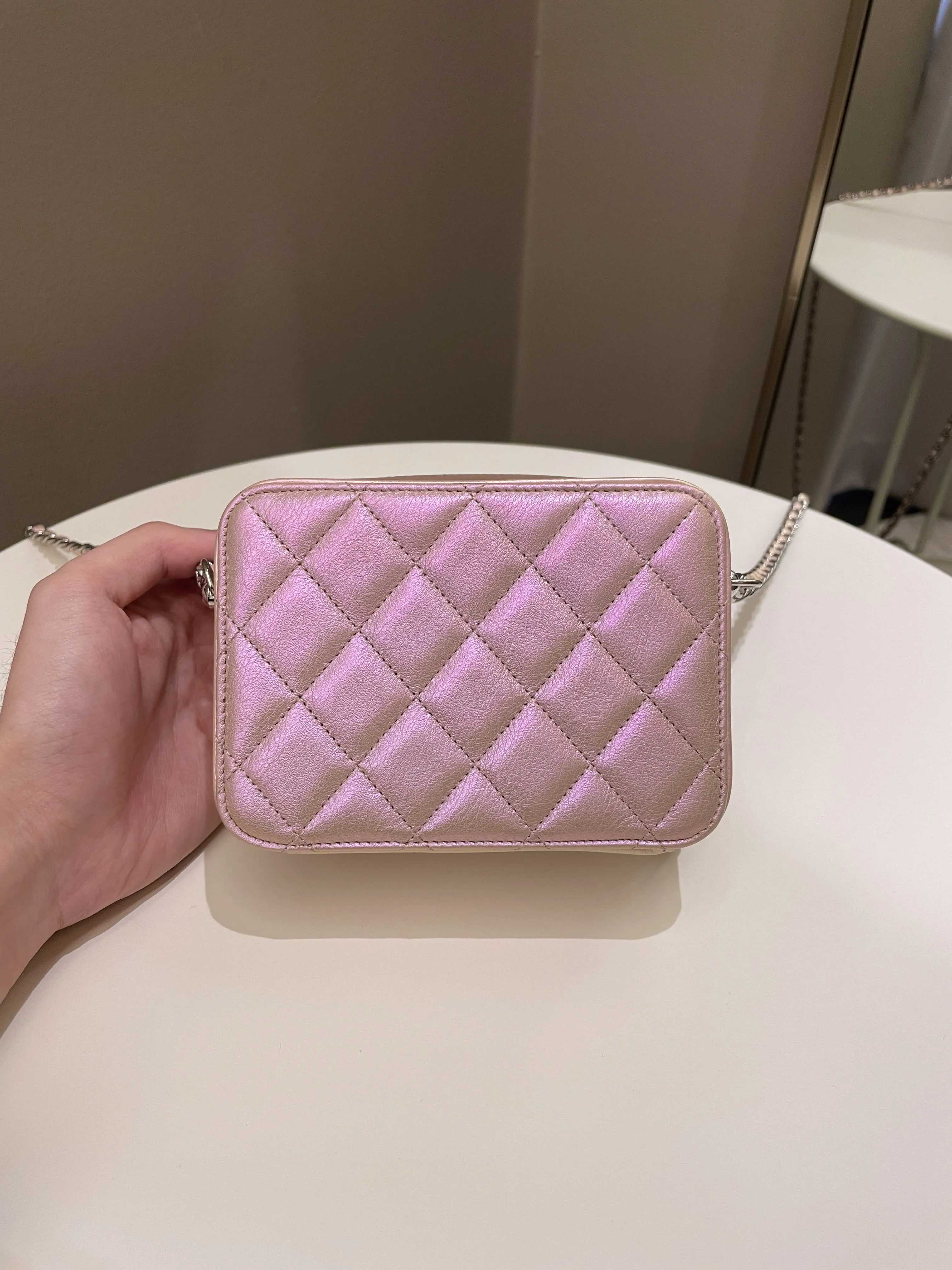 Chanel 21K Quilted Camera Sling Bag Iridescent Pink Calfskin