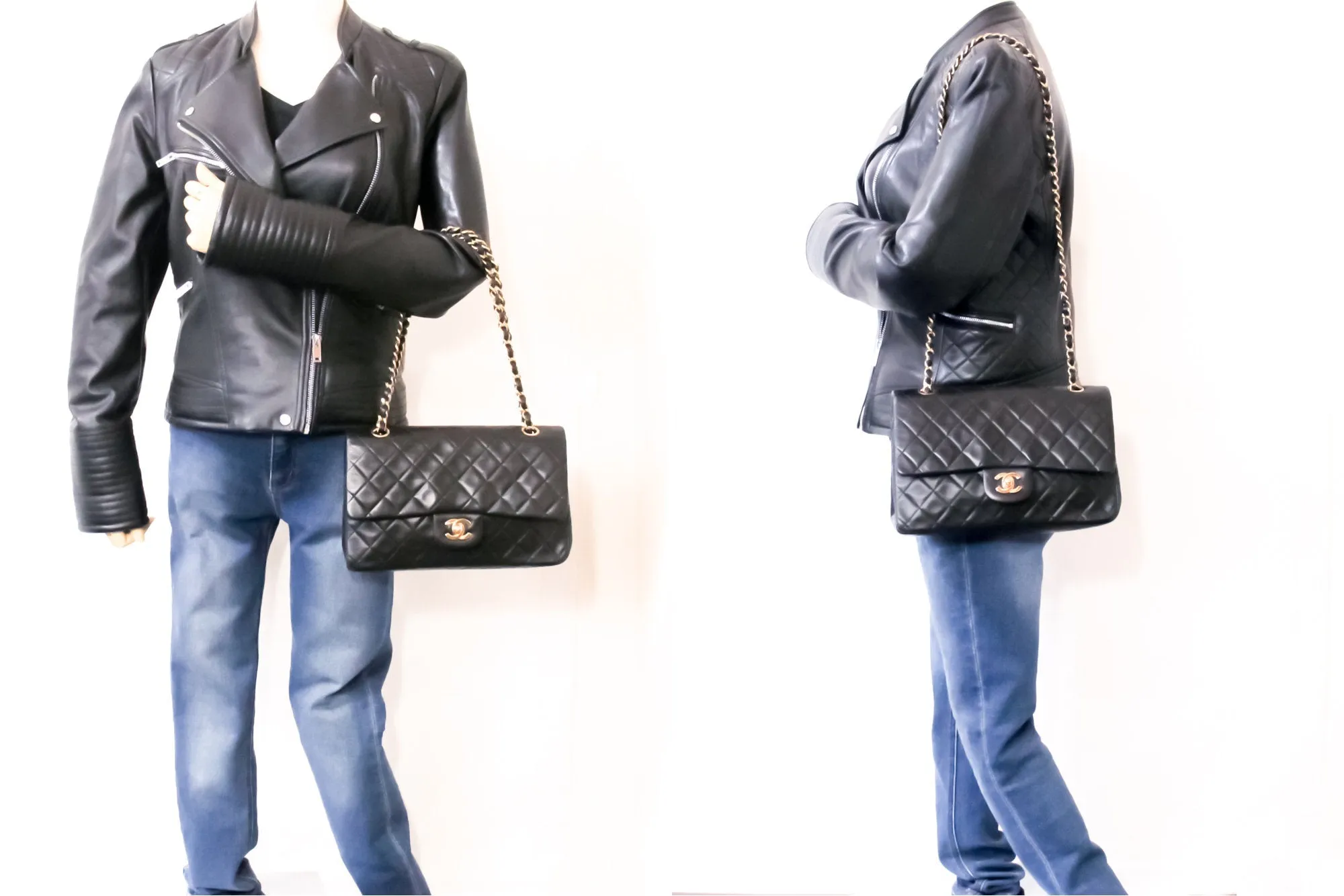 CHANEL Classic Double Flap 10" Chain Shoulder Bag Black Lambskin i68