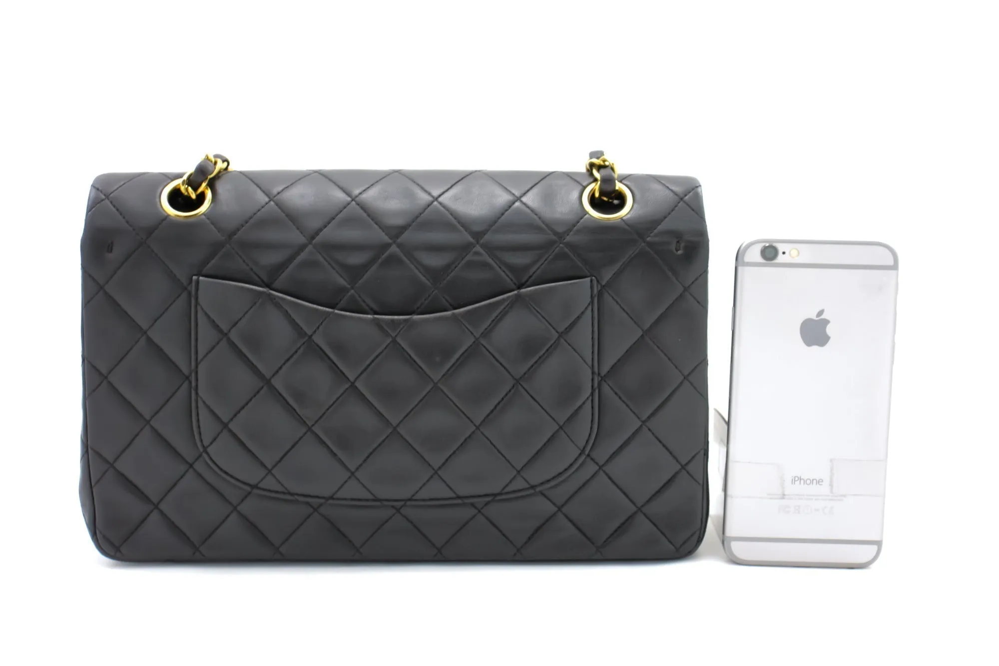 CHANEL Classic Double Flap 10" Chain Shoulder Bag Black Lambskin i68