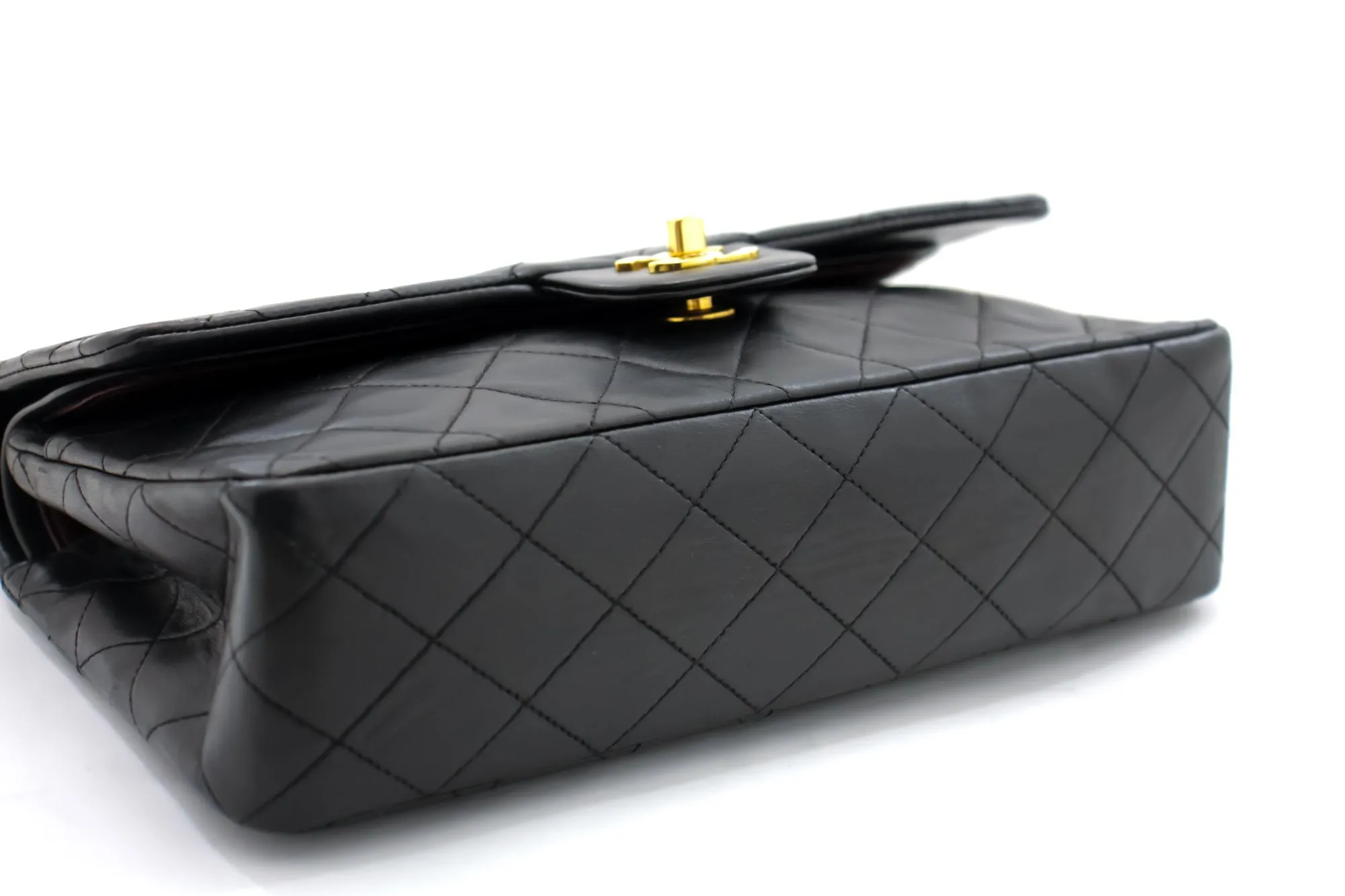 CHANEL Classic Double Flap 10" Chain Shoulder Bag Black Lambskin i68