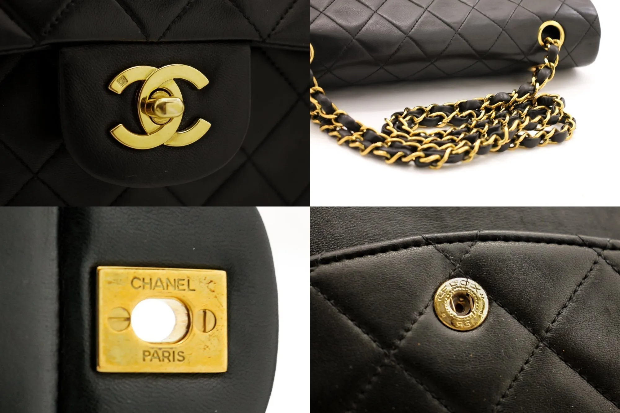 CHANEL Classic Double Flap 10" Chain Shoulder Bag Black Lambskin i68