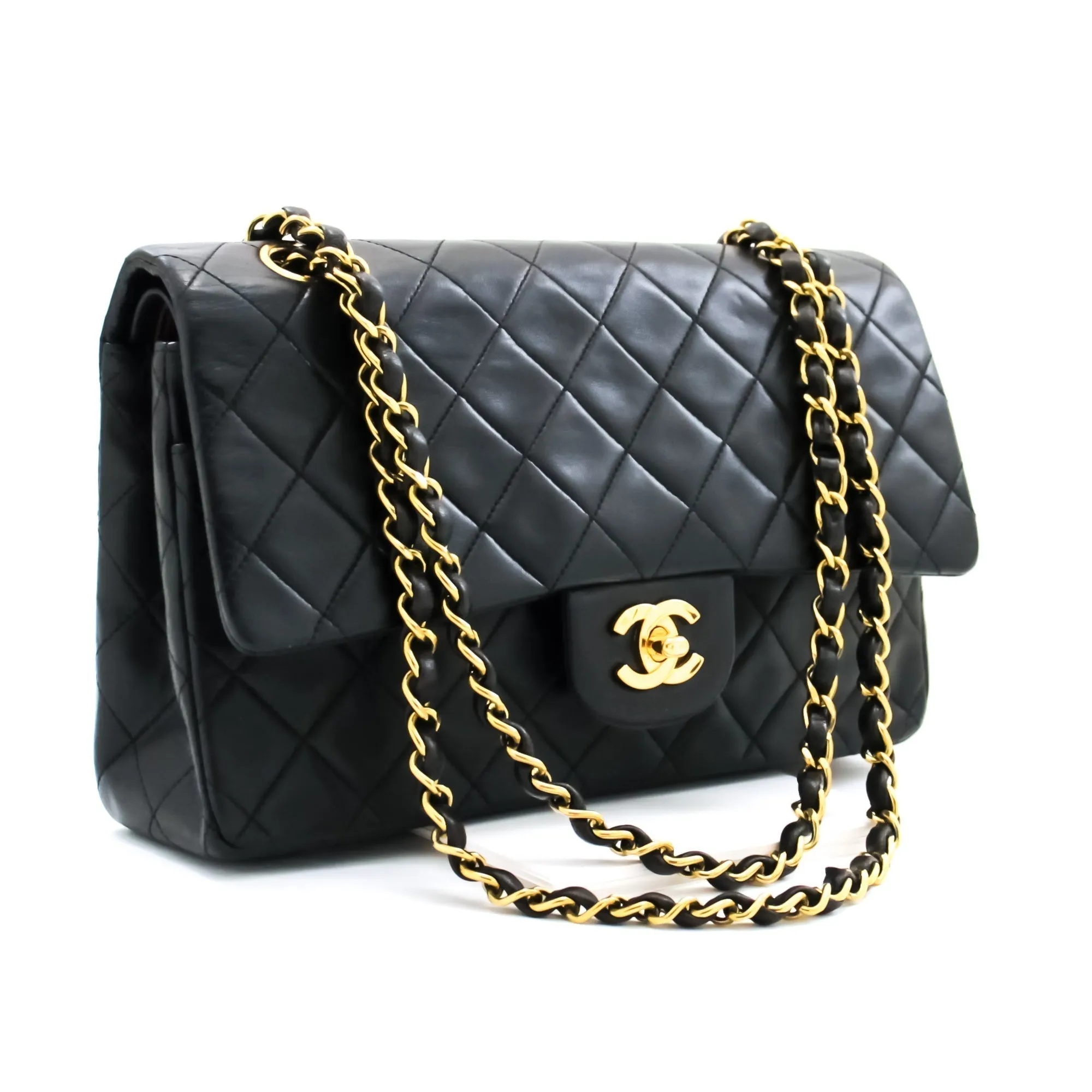 CHANEL Classic Double Flap 10" Chain Shoulder Bag Black Lambskin i68