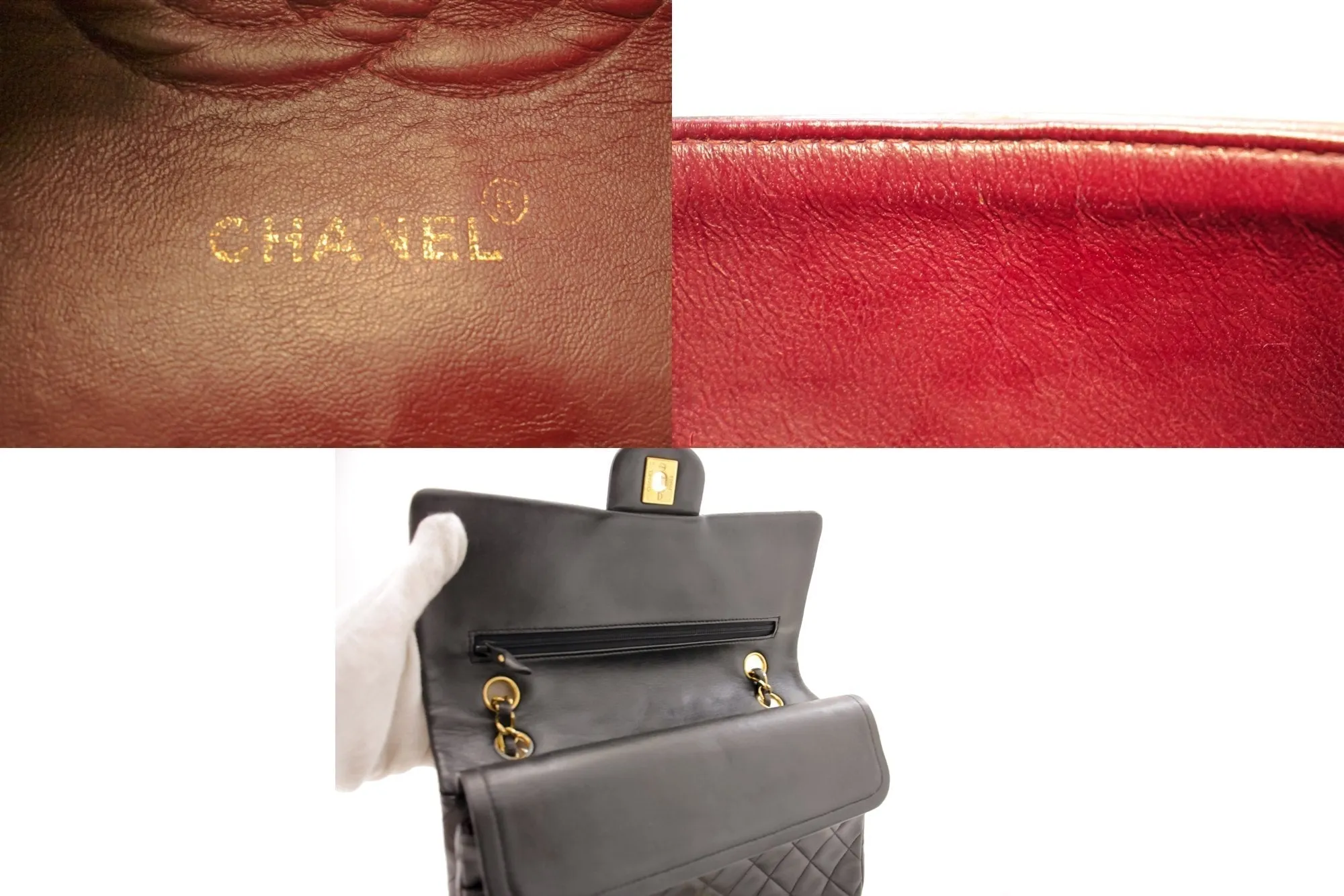 CHANEL Classic Double Flap 10" Chain Shoulder Bag Black Lambskin i68