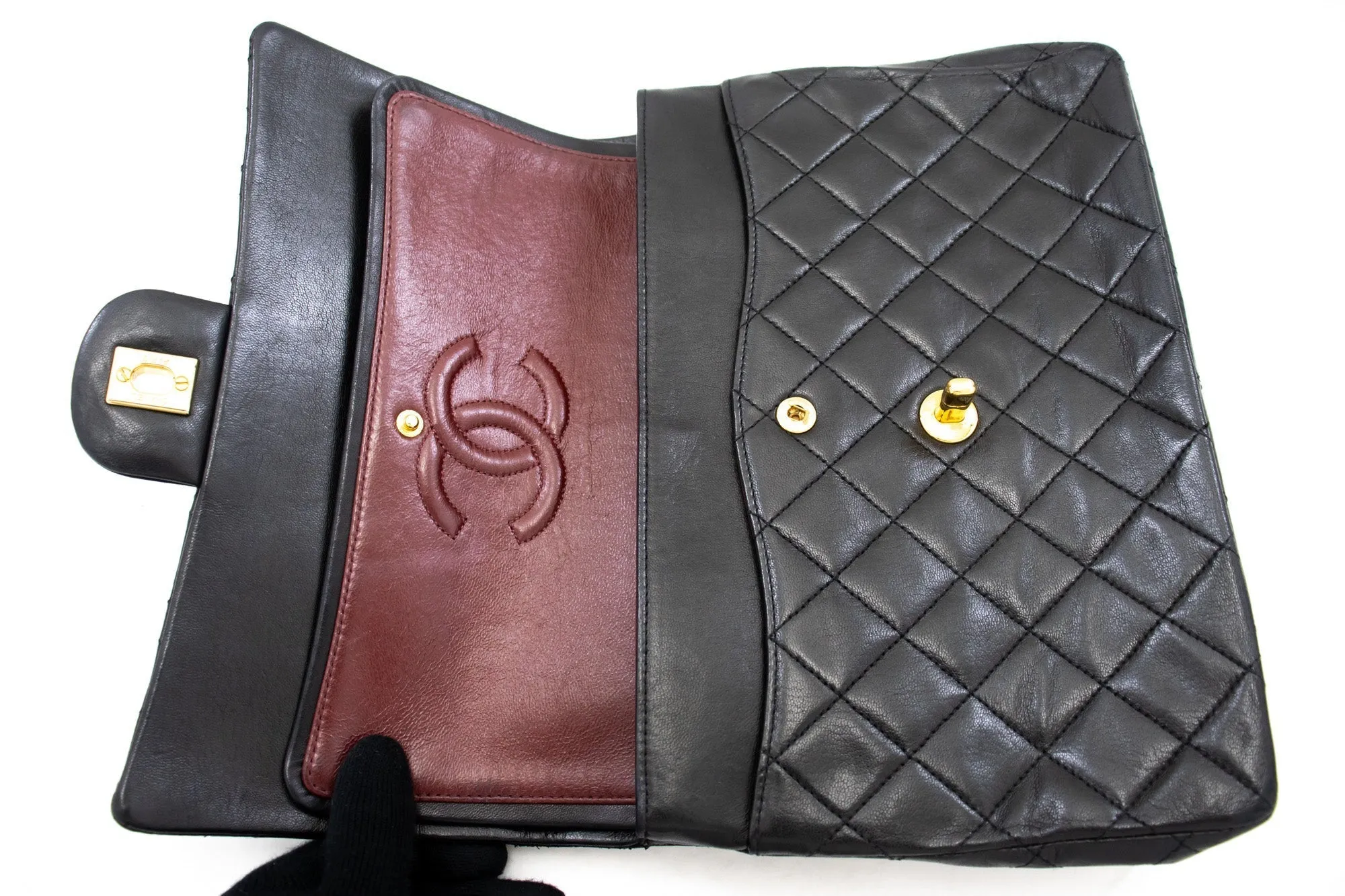 CHANEL Classic Double Flap Chain Shoulder Bag Black Lambskin Purse k88