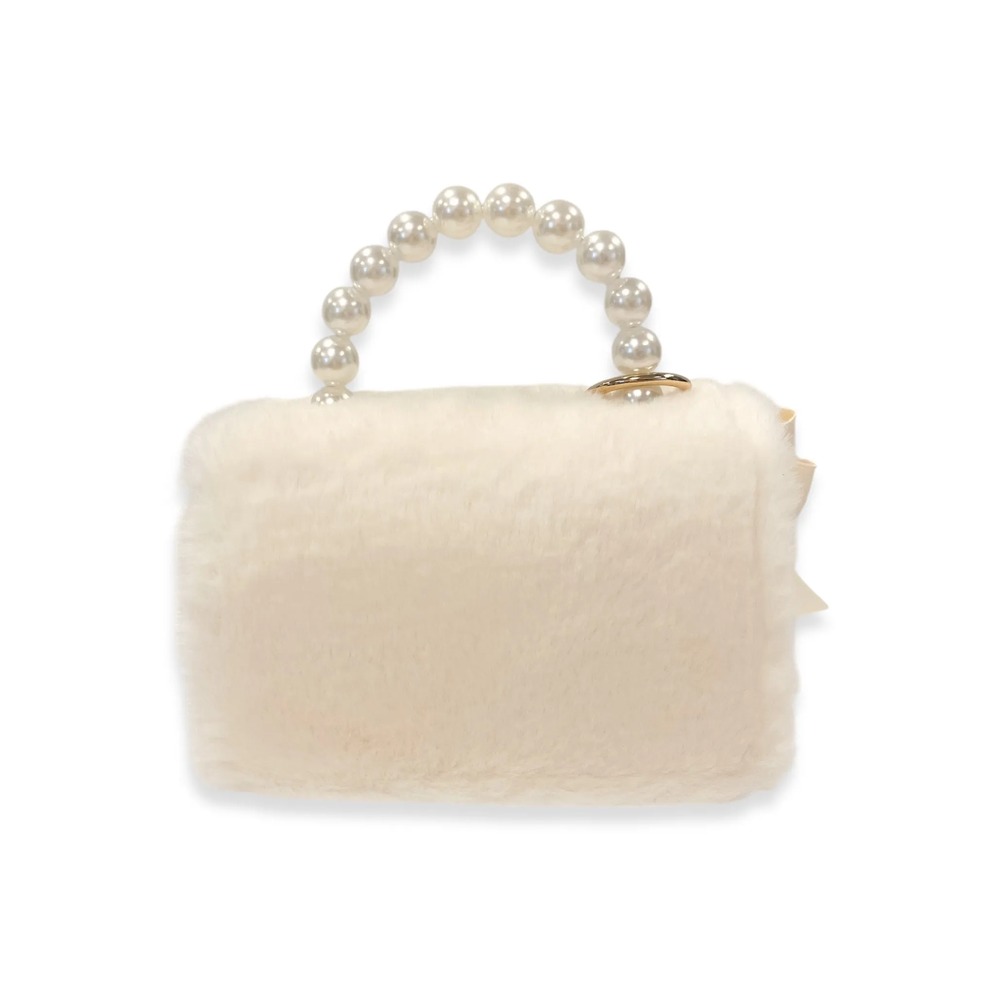 Furry Purse with Bow&Pearl Charm - Beige