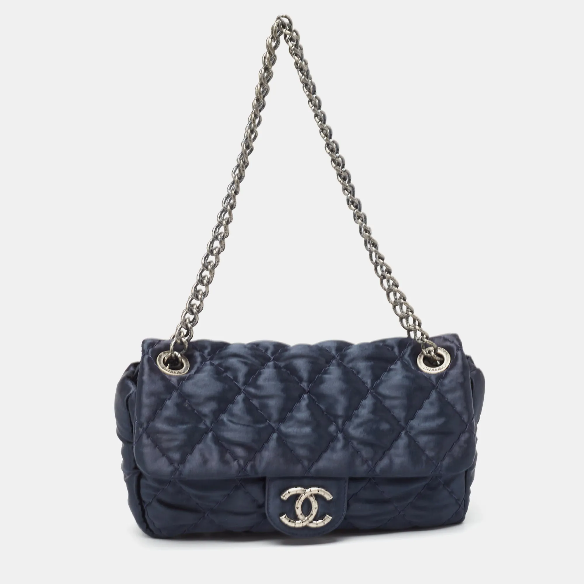 Navy Blue Quilted Satin Medium Classic Single Flap Bag