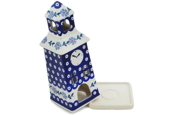 Polish Pottery 8" Chapel Candle Holder Peacock Forget-Me-Not