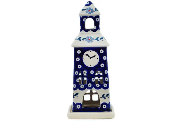 Polish Pottery 8" Chapel Candle Holder Peacock Forget-Me-Not