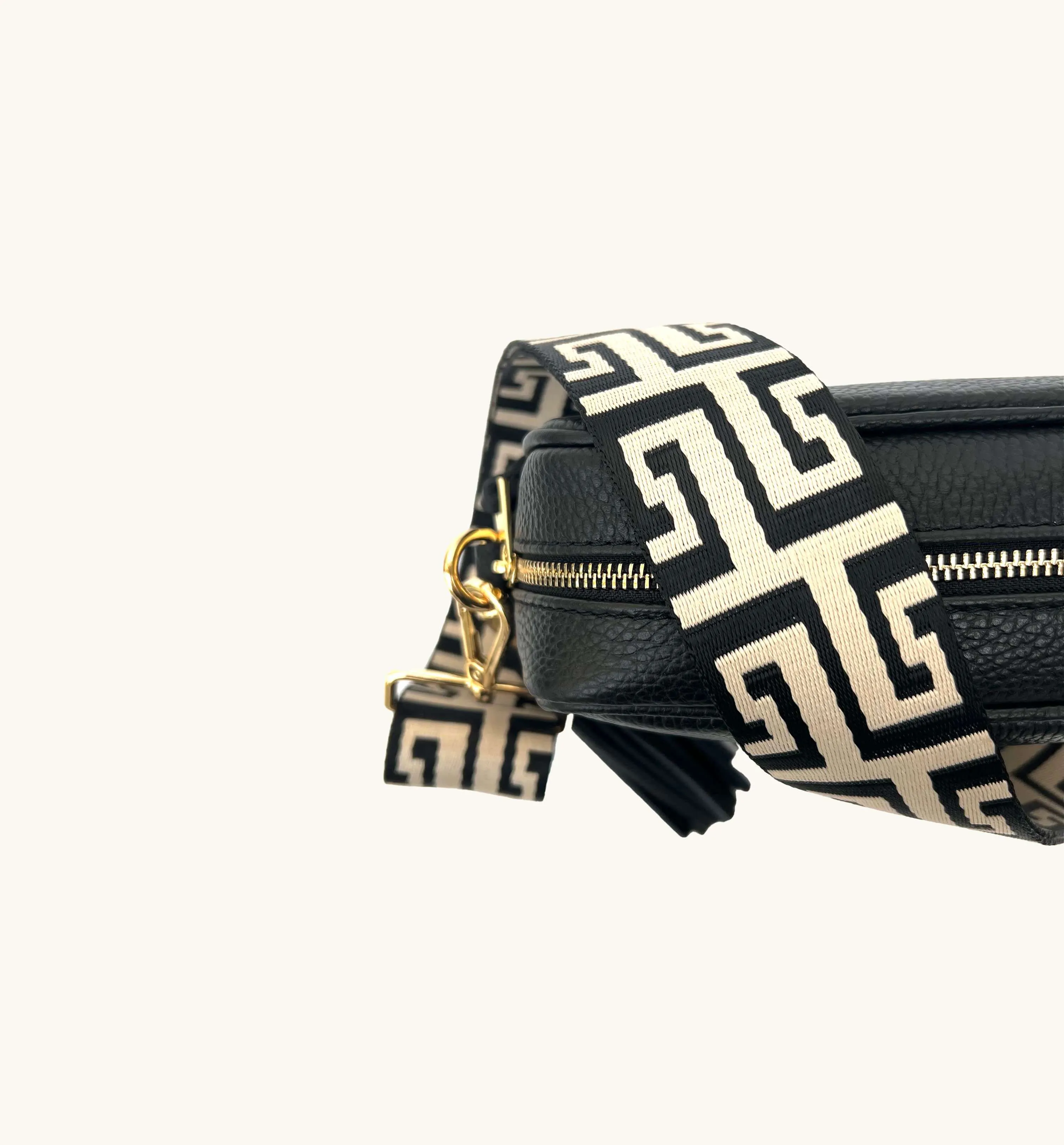 The Tassel Black Leather Crossbody Bag With Black & Stone Maze Strap