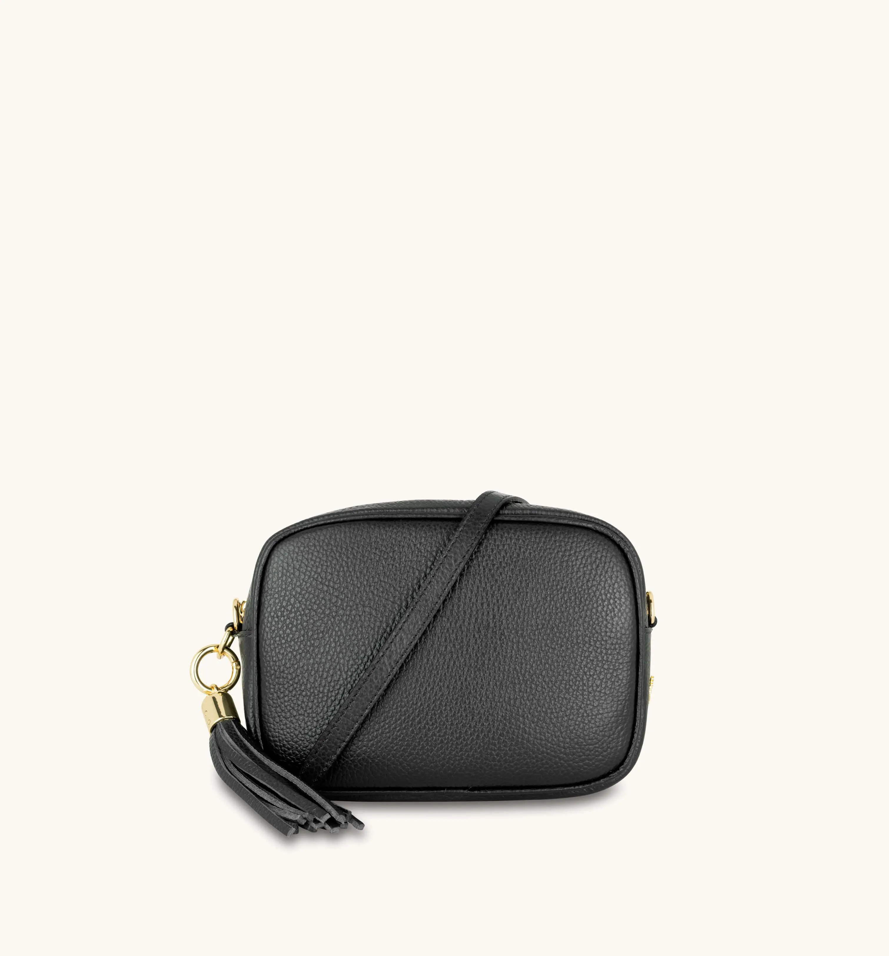 The Tassel Black Leather Crossbody Bag With Black & Stone Maze Strap