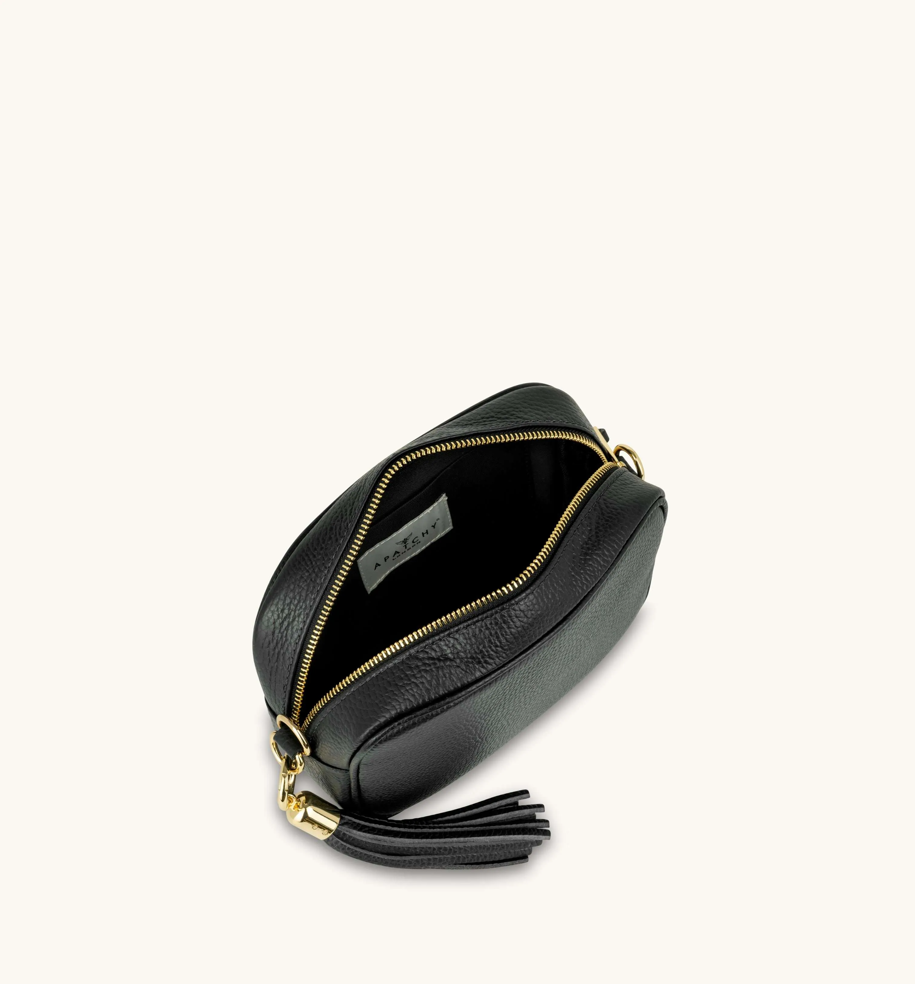 The Tassel Black Leather Crossbody Bag With Black & Stone Maze Strap