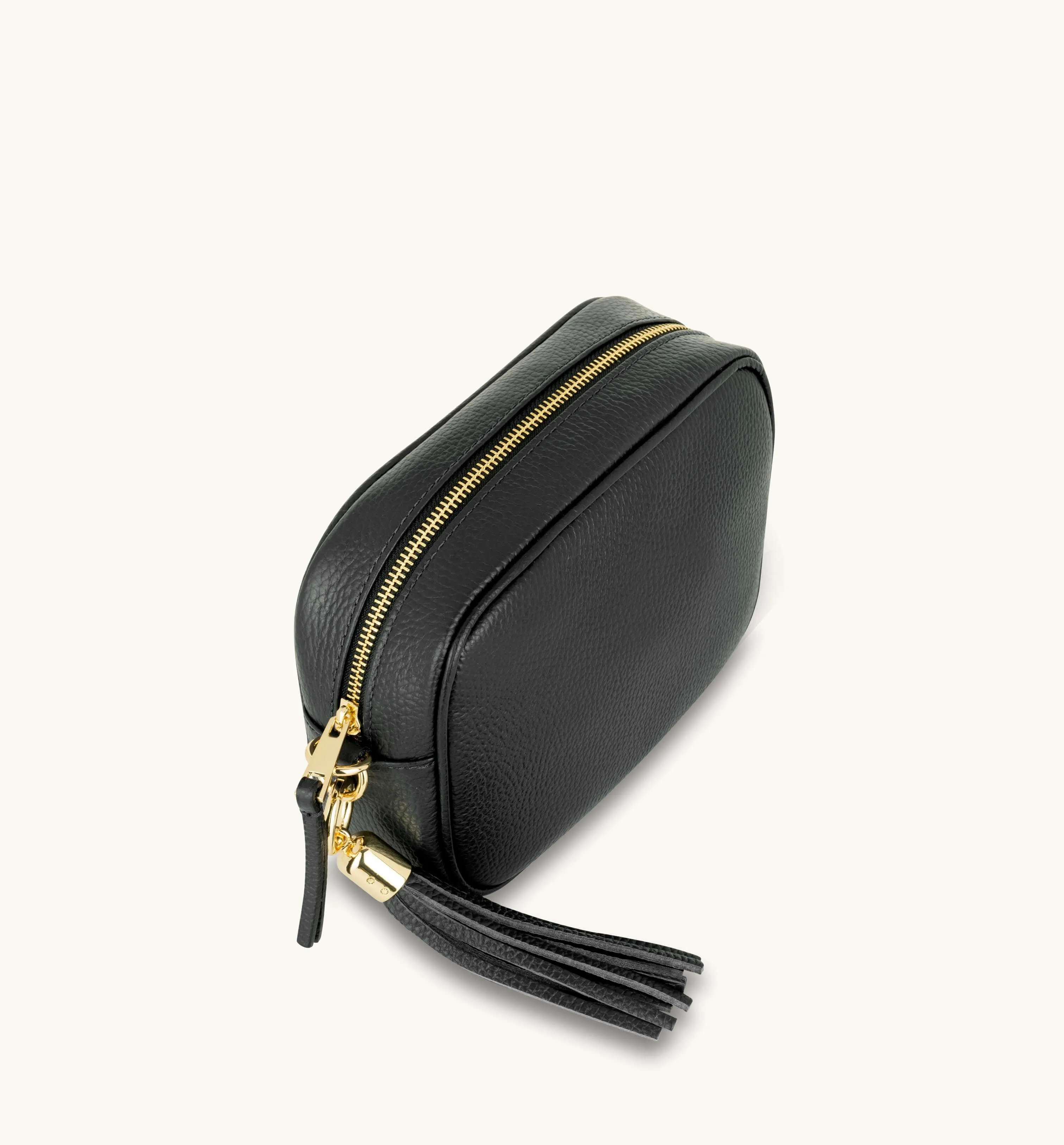 The Tassel Black Leather Crossbody Bag With Black & Stone Maze Strap